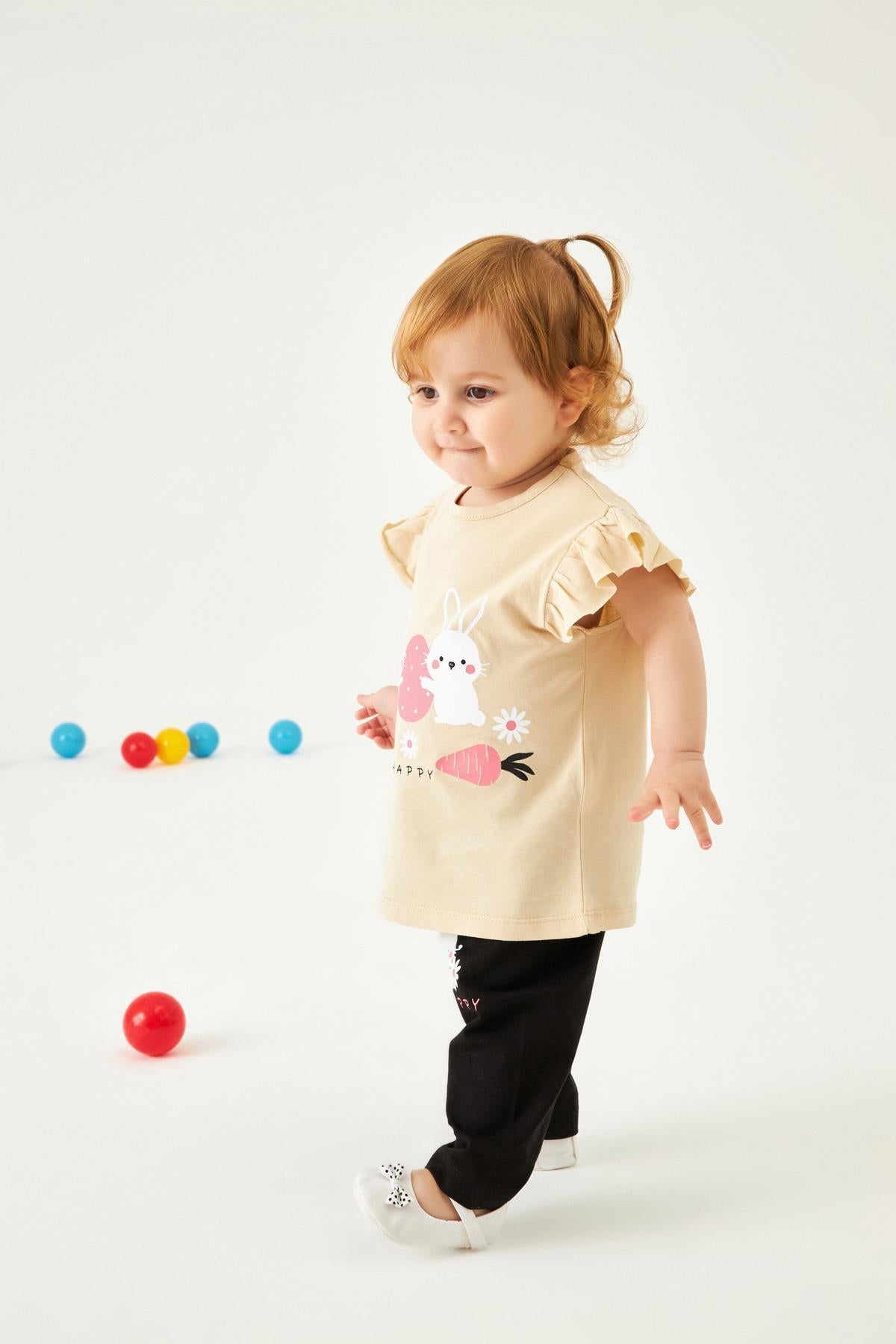 Eğlenceli Tavşan Baskılı Kız Çocuk Taytlı Takım