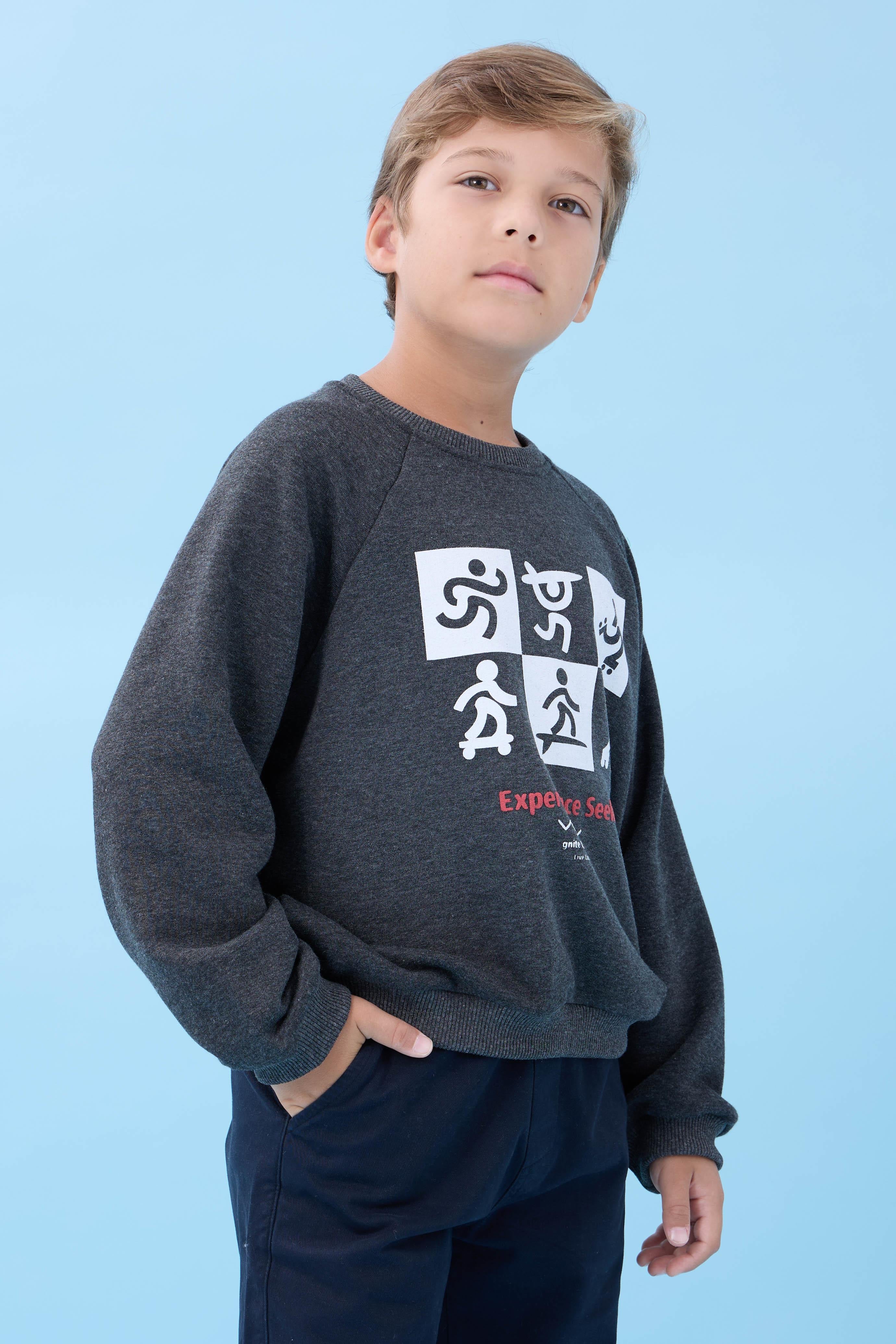 Erkek Çocuk Bisiklet Yaka Mevsimlik Baskılı Sweatshirt Antrasit
