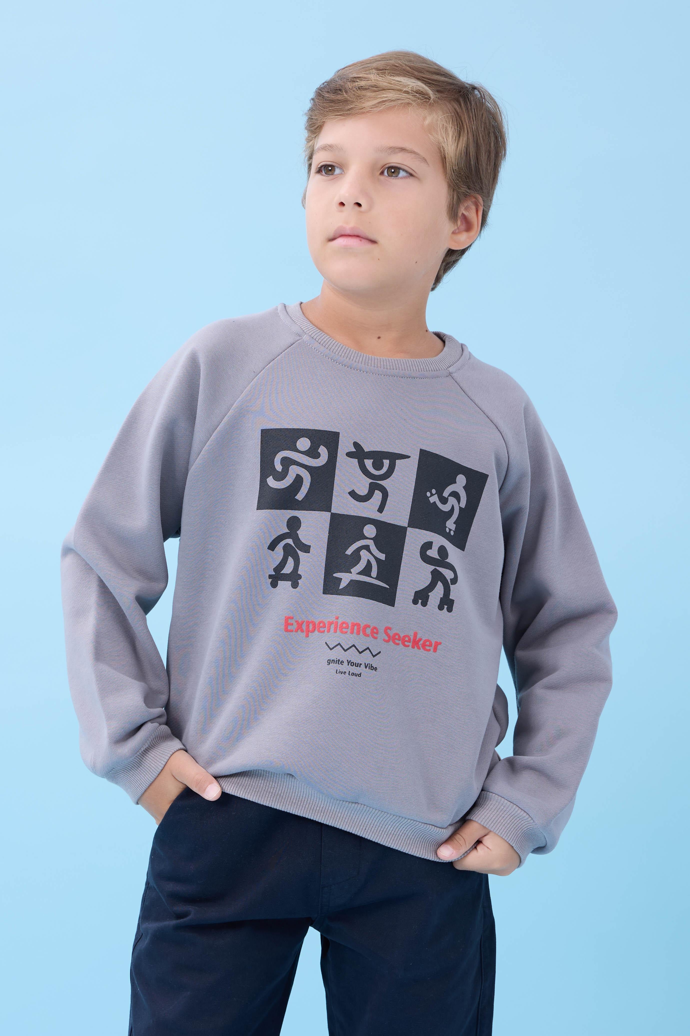 Erkek Çocuk Bisiklet Yaka Mevsimlik Baskılı Sweatshirt Gri
