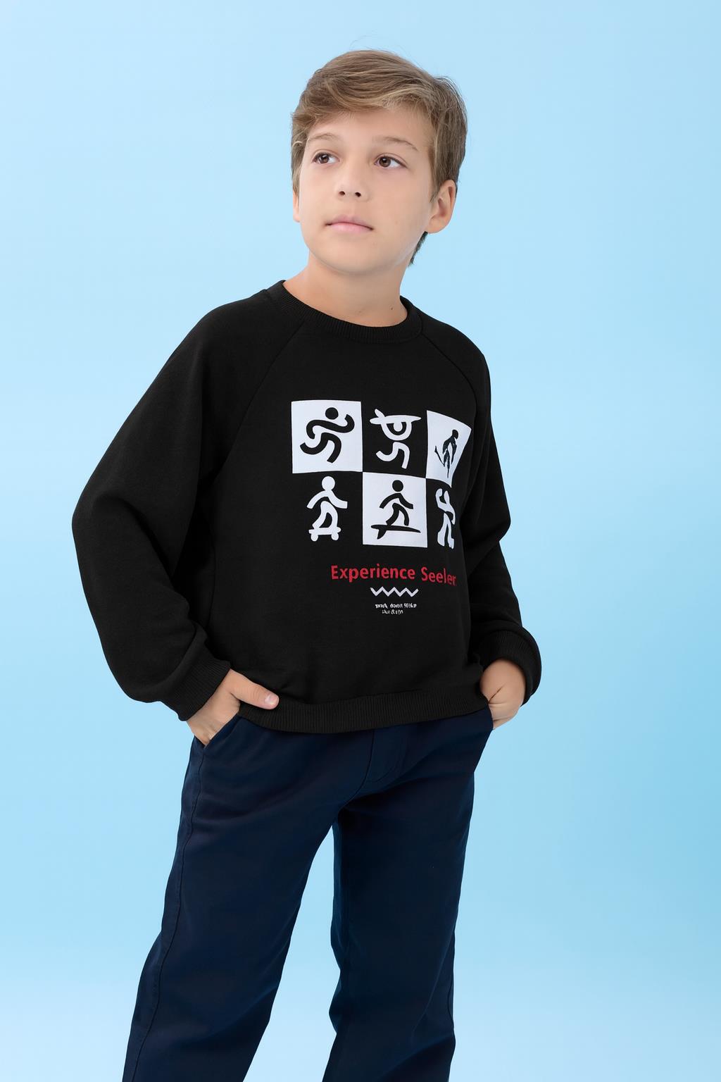 Erkek Çocuk Bisiklet Yaka Mevsimlik Baskılı Sweatshirt Siyah