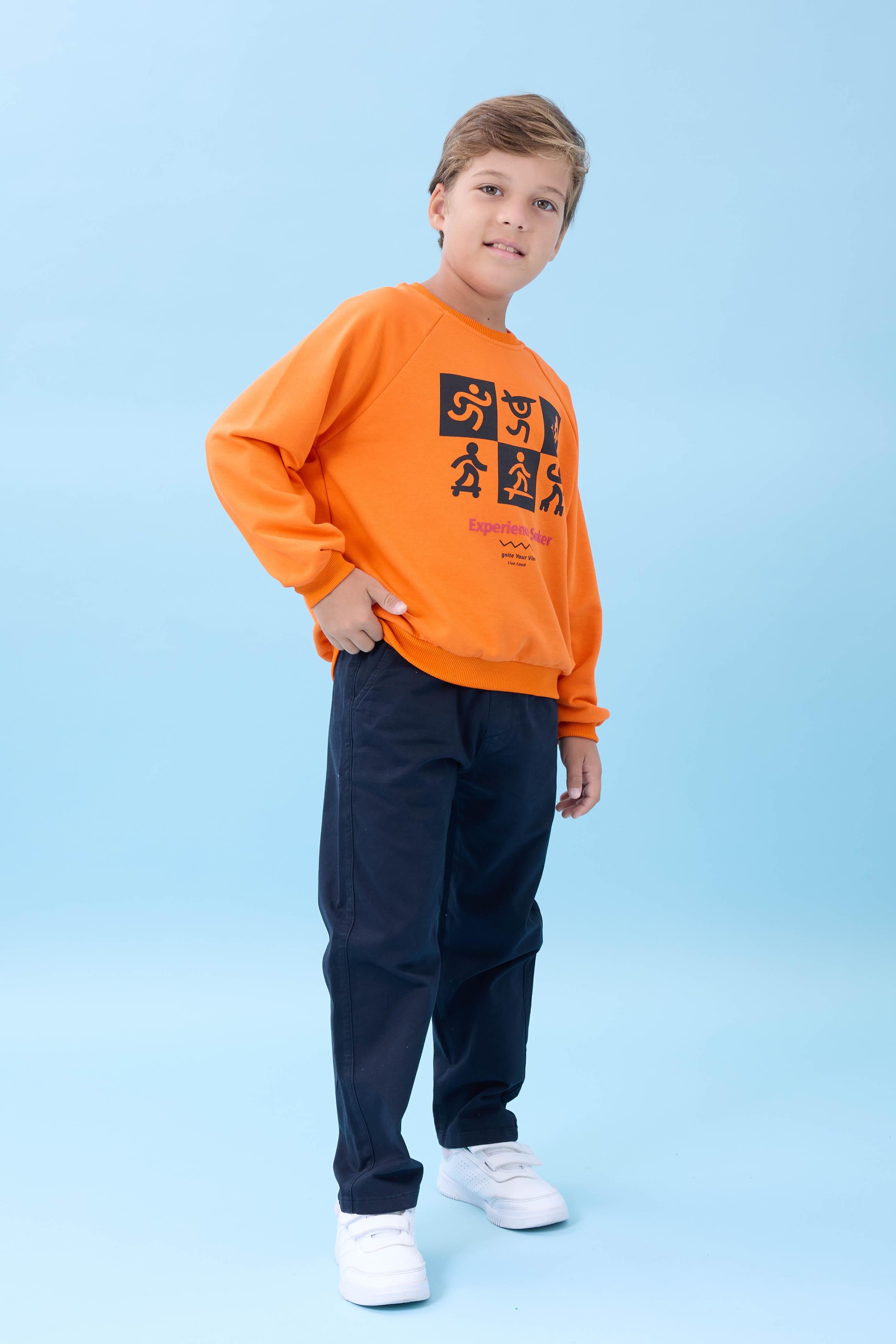 Erkek Çocuk Bisiklet Yaka Mevsimlik Baskılı Sweatshirt Turuncu