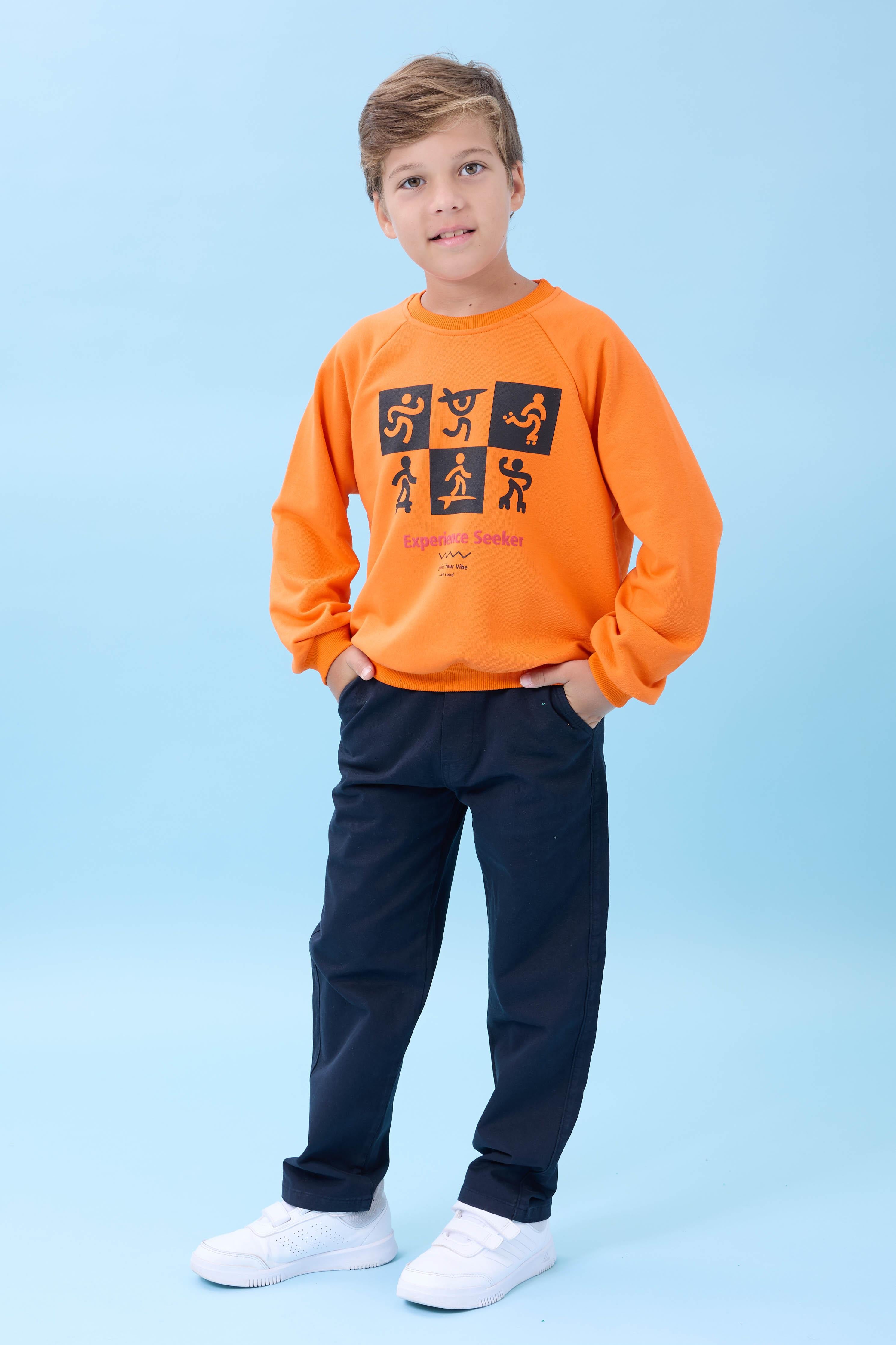 Erkek Çocuk Bisiklet Yaka Mevsimlik Baskılı Sweatshirt Turuncu