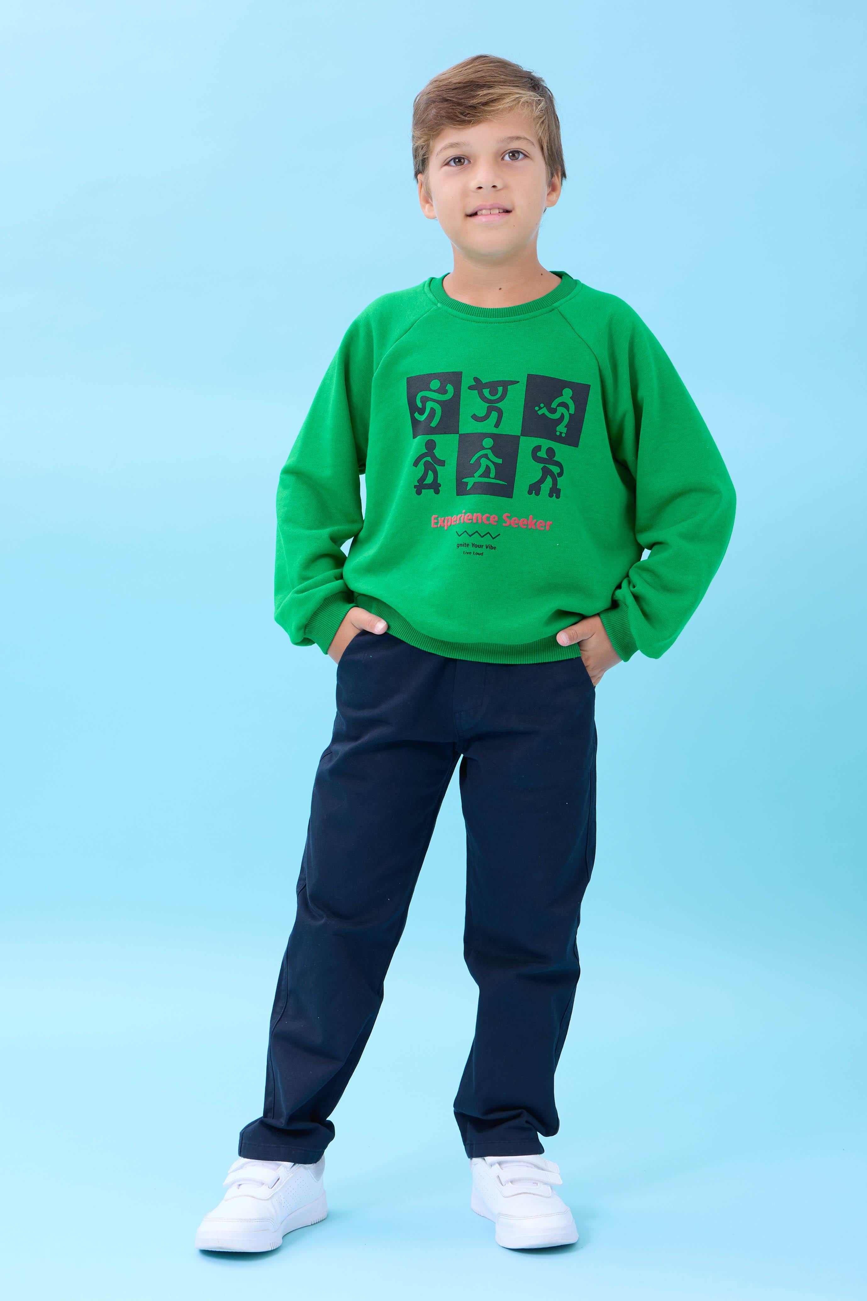 Erkek Çocuk Bisiklet Yaka Mevsimlik Baskılı Sweatshirt Yeşil