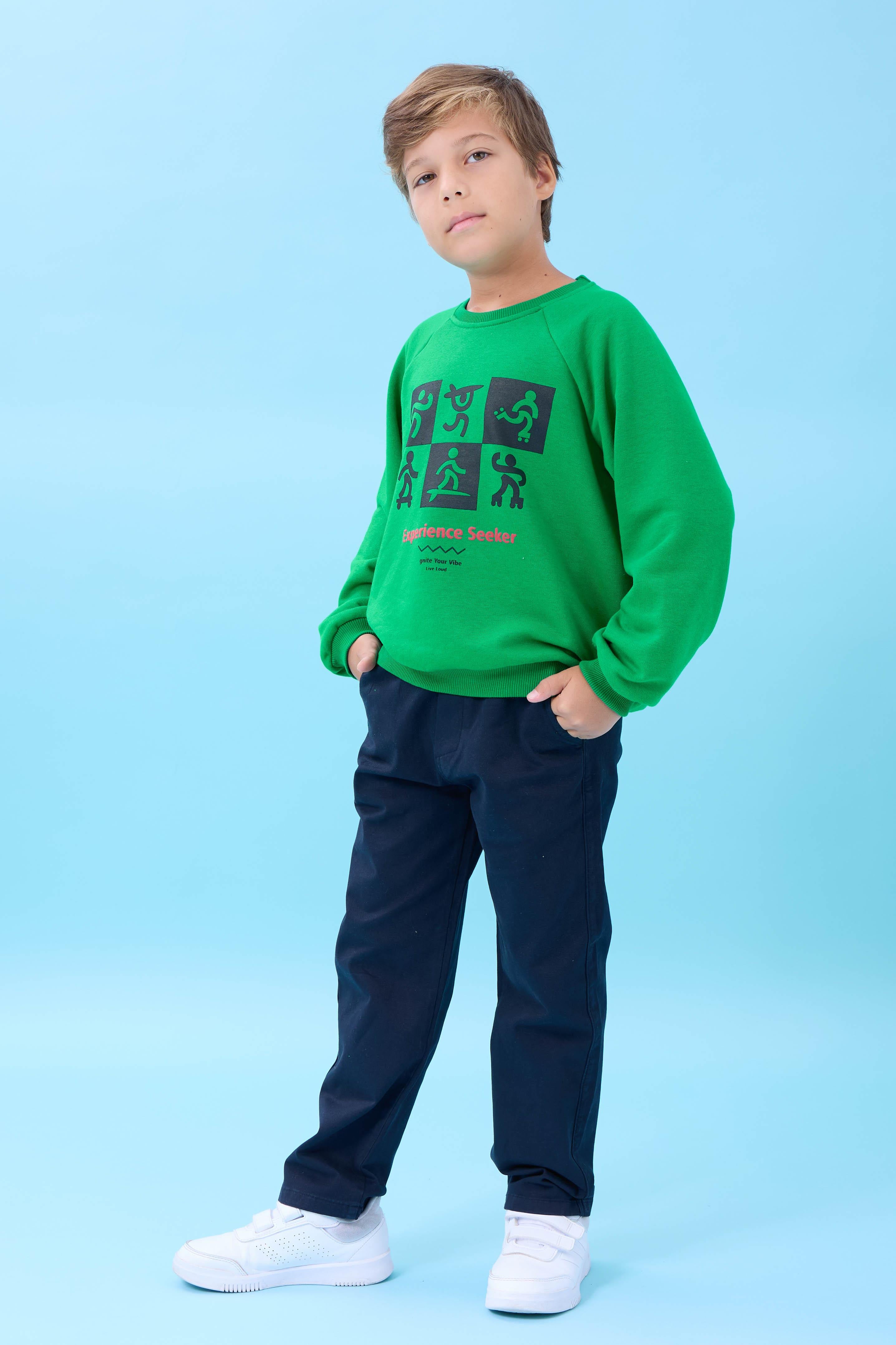 Erkek Çocuk Bisiklet Yaka Mevsimlik Baskılı Sweatshirt Yeşil