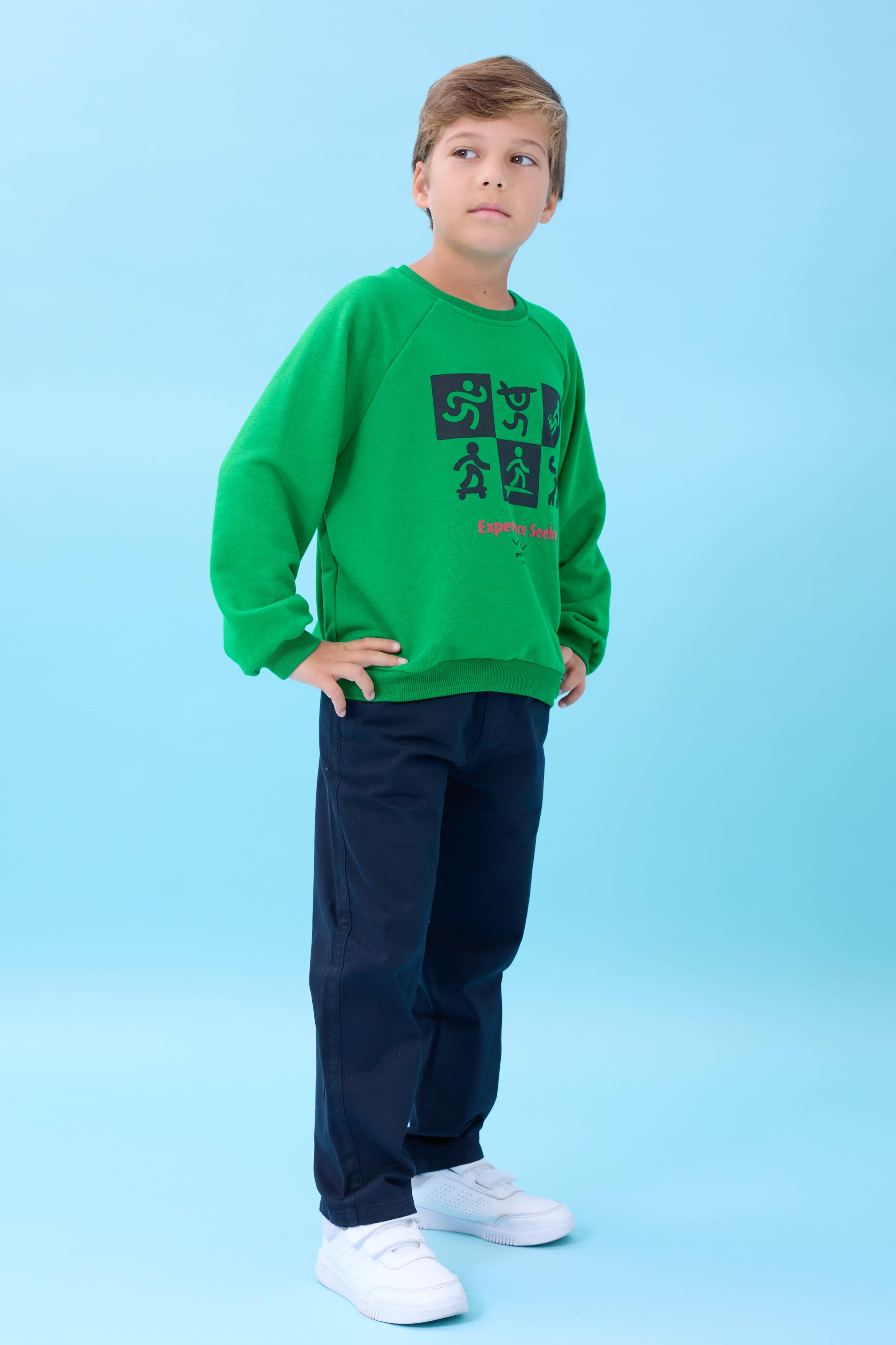 Erkek Çocuk Bisiklet Yaka Mevsimlik Baskılı Sweatshirt Yeşil