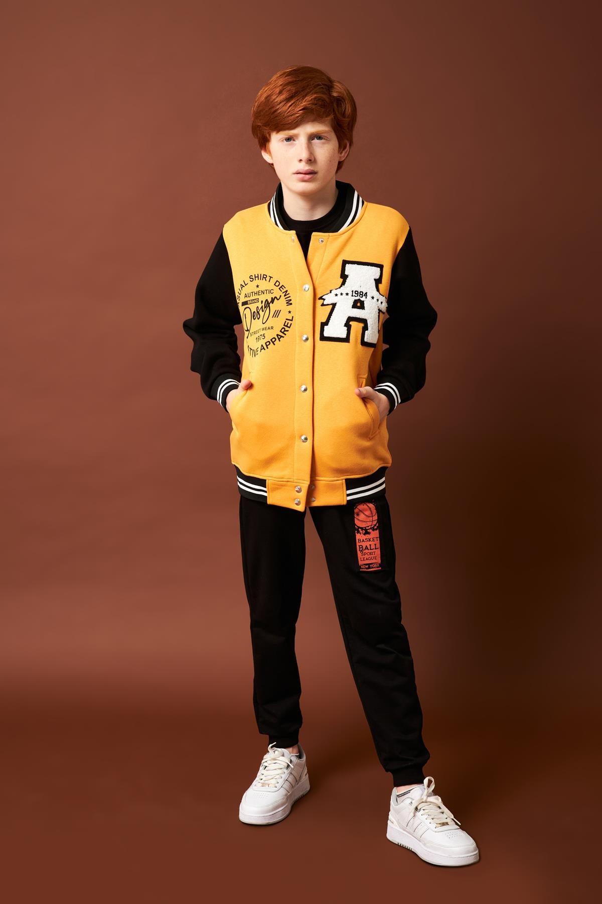 001 Baskı Detaylı Erkek Çocuk Kolej Ceket Hardal - Perendi