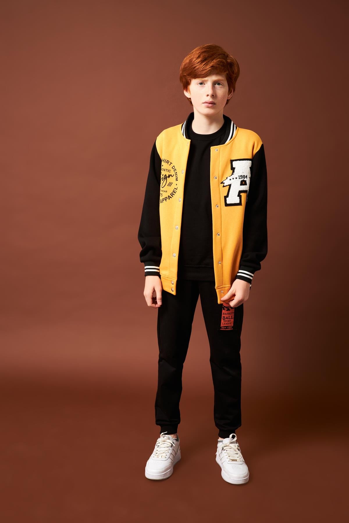 001 Baskı Detaylı Erkek Çocuk Kolej Ceket Hardal - Perendi