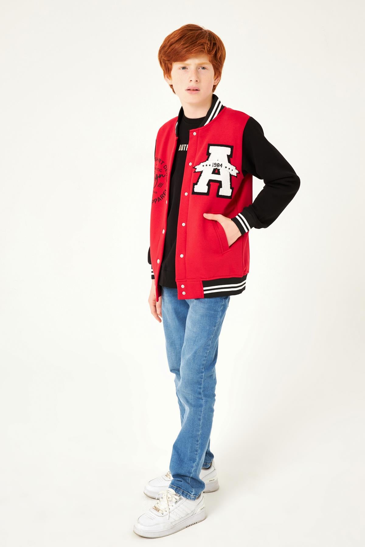 001 Baskı Detaylı Erkek Çocuk Kolej Ceket Kırmızı - Perendi