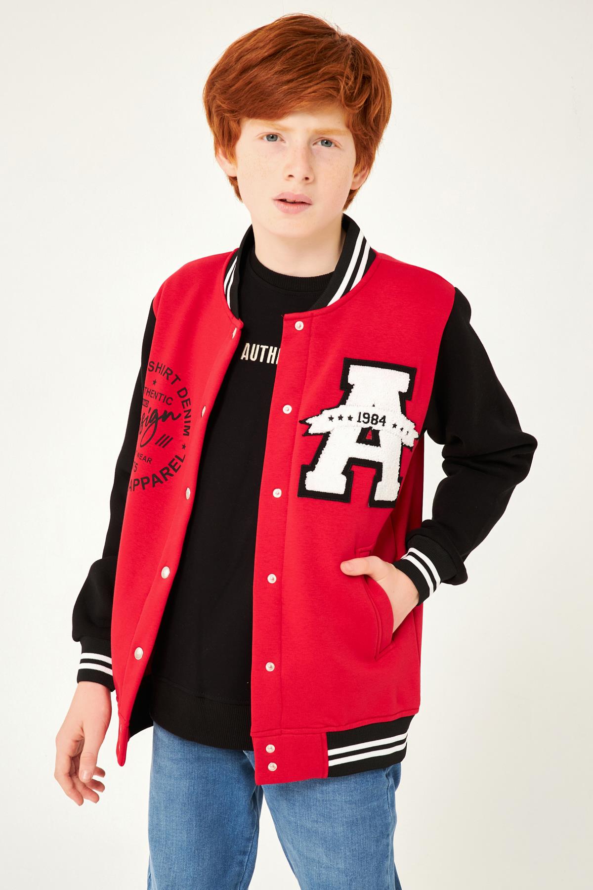 001 Baskı Detaylı Erkek Çocuk Kolej Ceket Kırmızı - Perendi