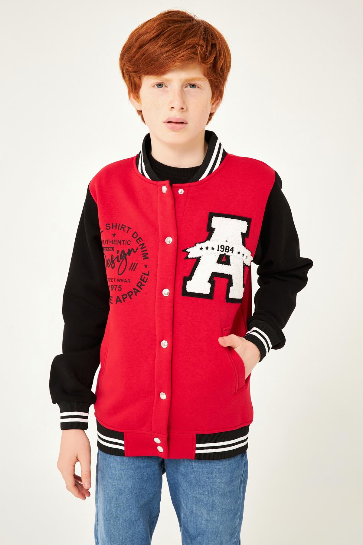 001 Baskı Detaylı Erkek Çocuk Kolej Ceket Kırmızı - Perendi