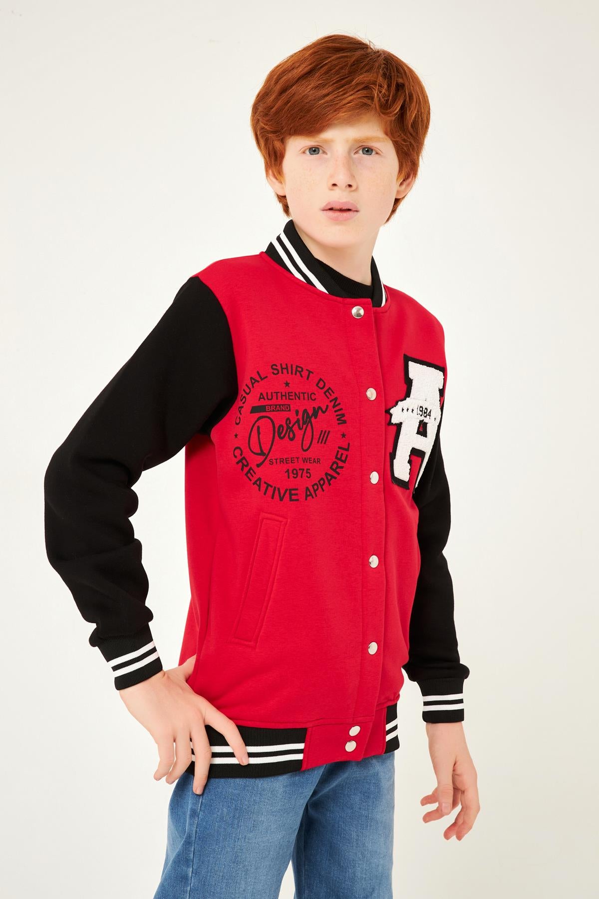 001 Baskı Detaylı Erkek Çocuk Kolej Ceket Kırmızı - Perendi