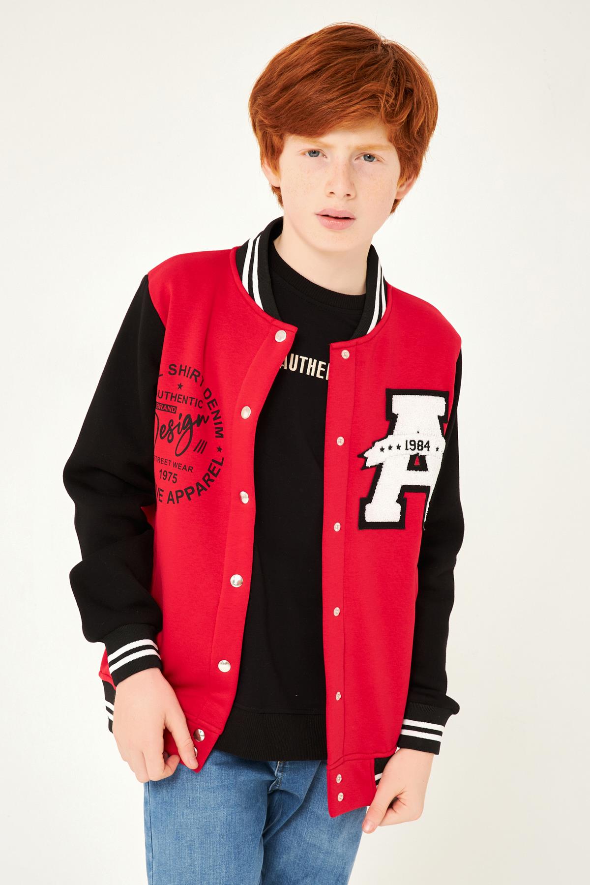 001 Baskı Detaylı Erkek Çocuk Kolej Ceket Kırmızı - Perendi