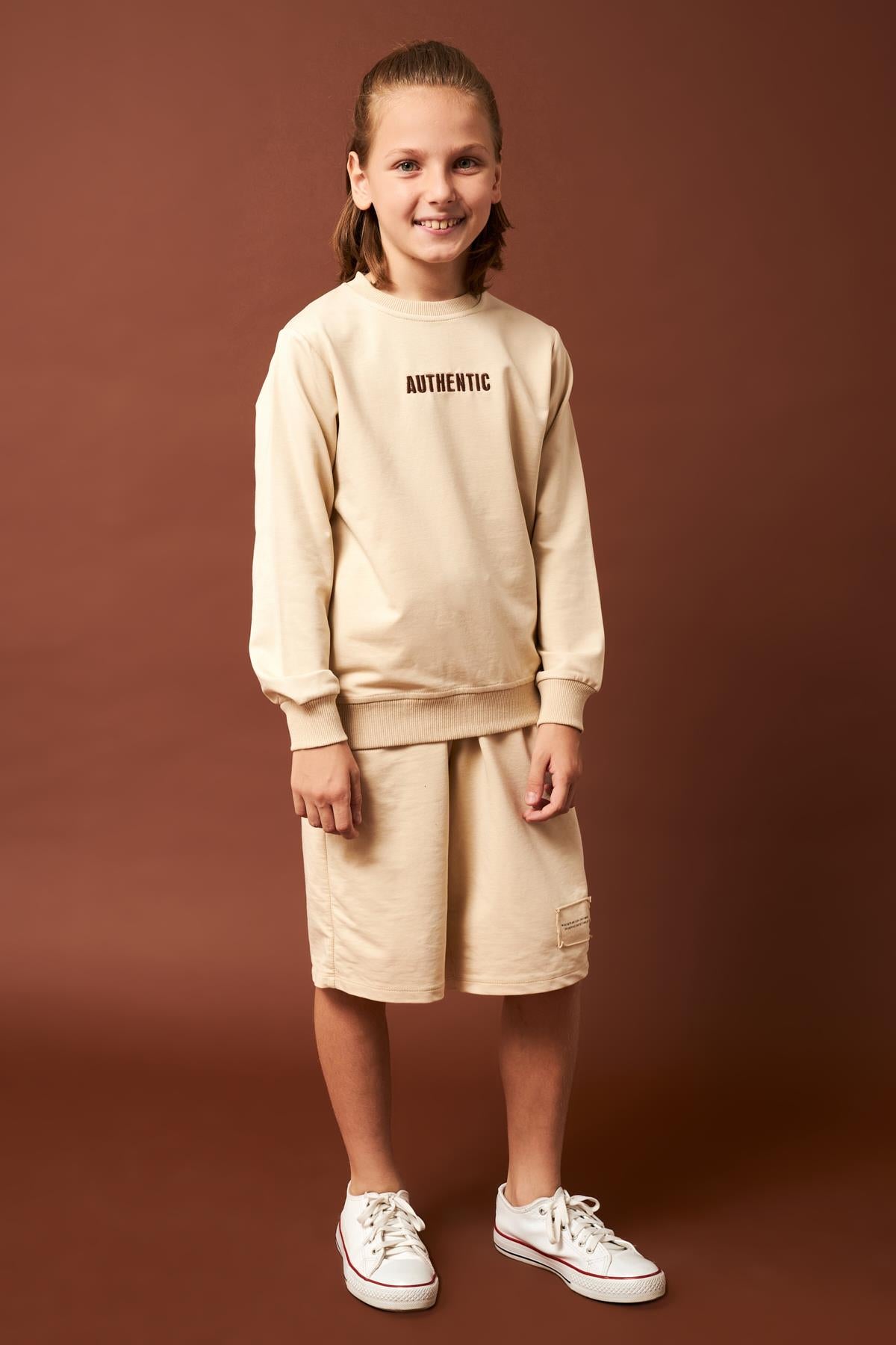 Authentic Nakış Detaylı Erkek Çocuk Sweatshirt Taş - Perendi