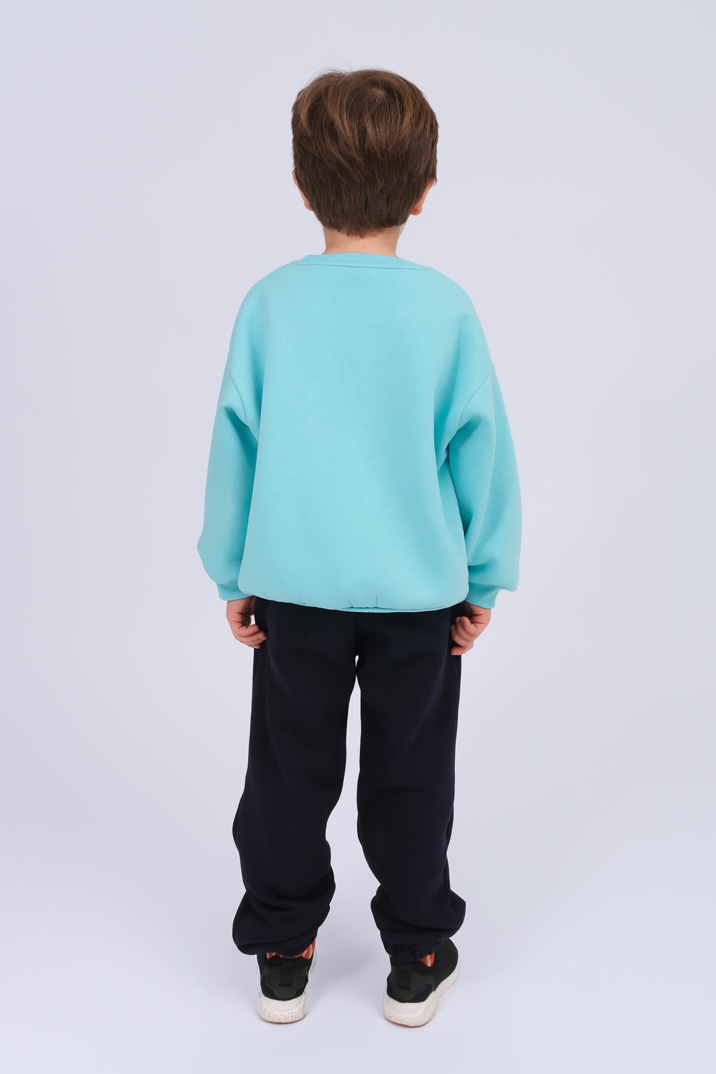 Erkek Çocuk Ayıcık Aplikeli Sweat ve Eşofman Altı İçi Polarlı Kışlık Takım – Mavi