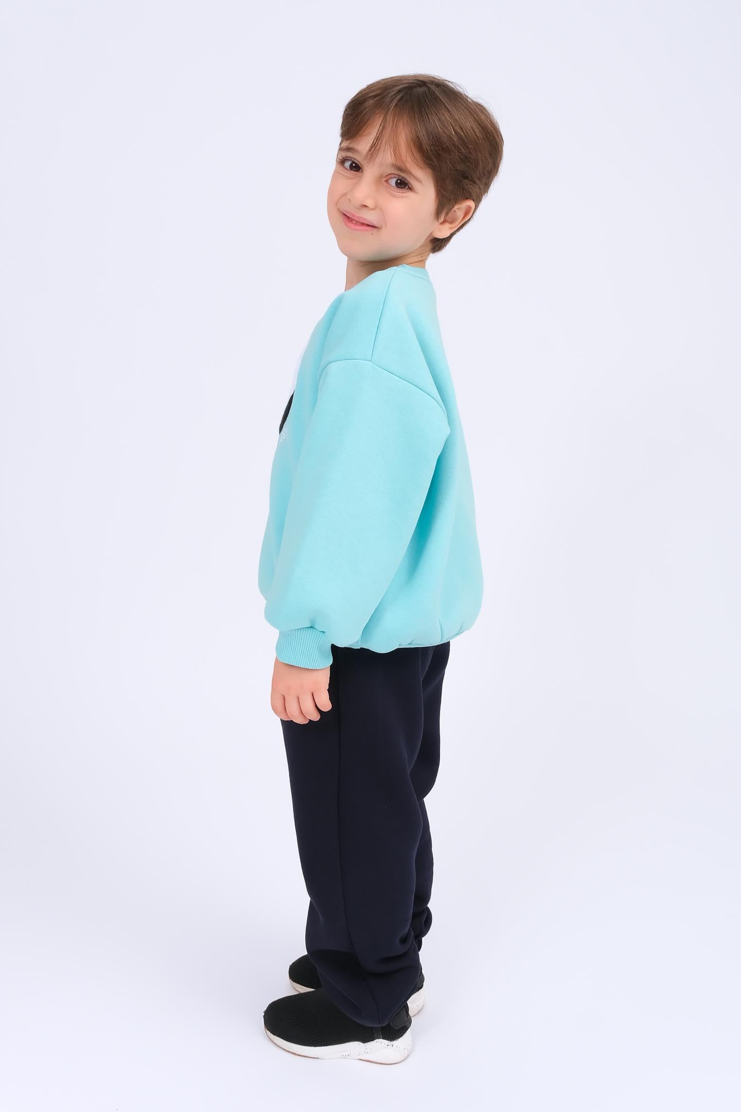 Erkek Çocuk Ayıcık Aplikeli Sweat ve Eşofman Altı İçi Polarlı Kışlık Takım – Mavi