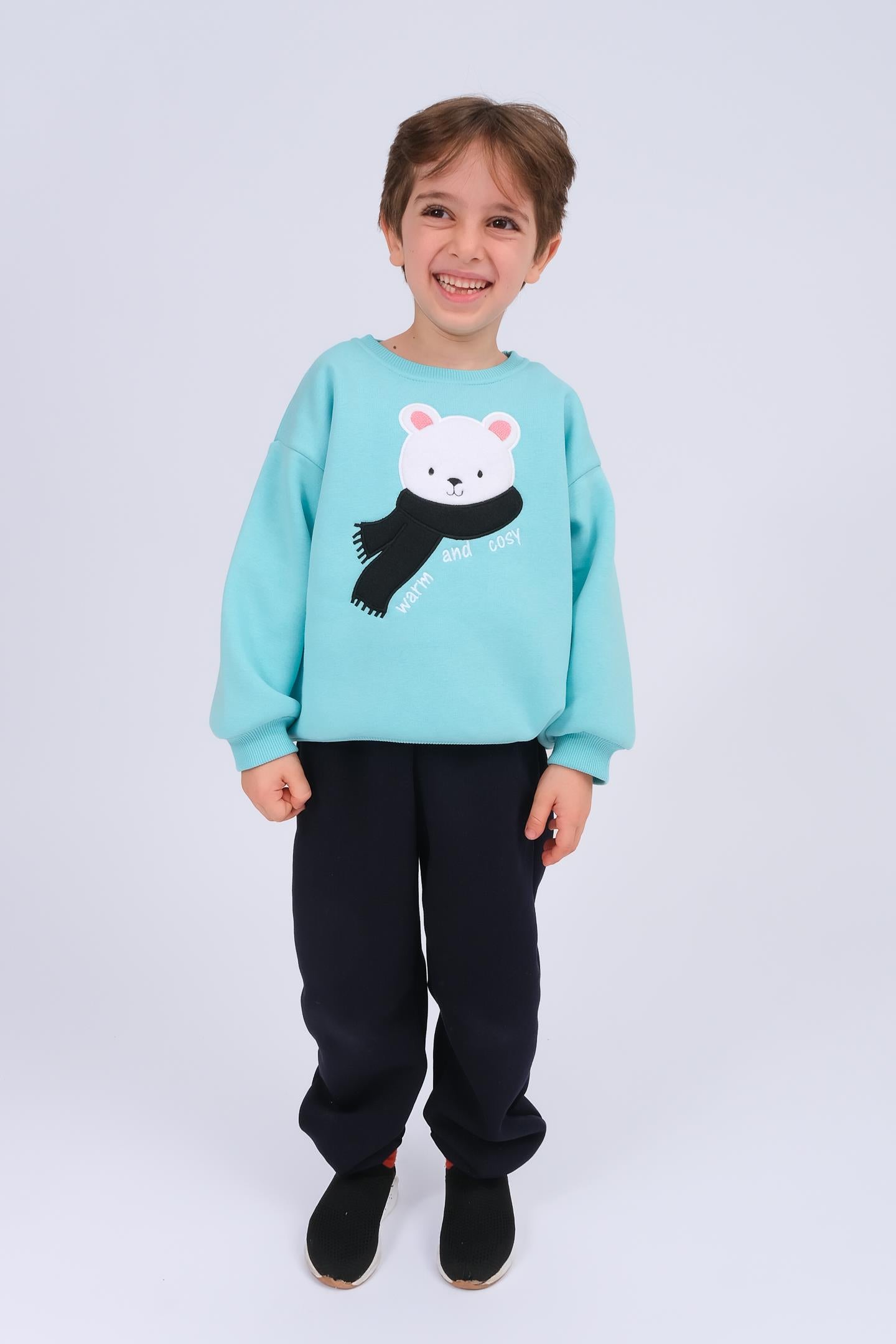 Erkek Çocuk Ayıcık Aplikeli Sweat ve Eşofman Altı İçi Polarlı Kışlık Takım – Mavi