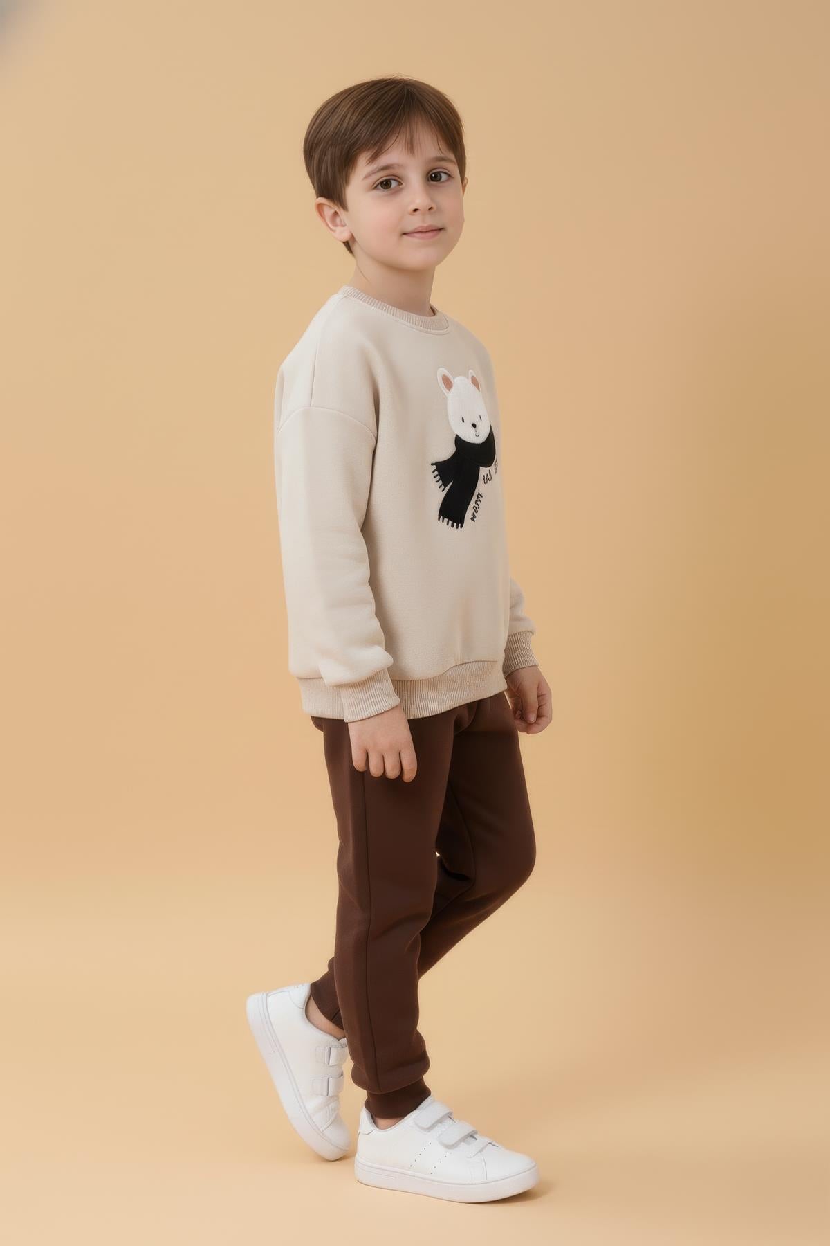 Erkek Çocuk Ayıcık Aplikeli Sweat ve Eşofman Altı İçi Polarlı Kışlık Takım – Taş