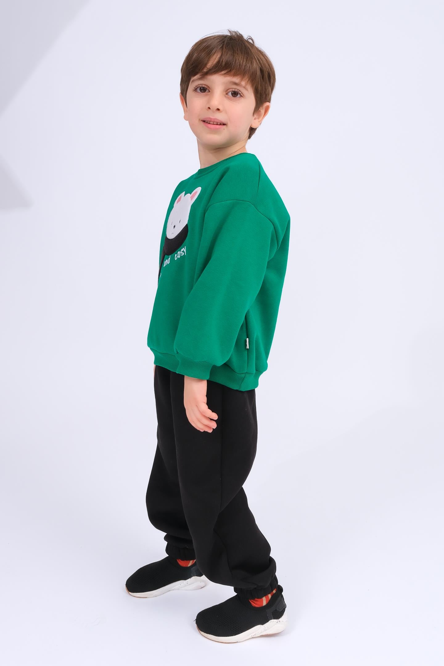 Erkek Çocuk Ayıcık Aplikeli Sweat ve Eşofman Altı İçi Polarlı Kışlık Takım – Yeşil