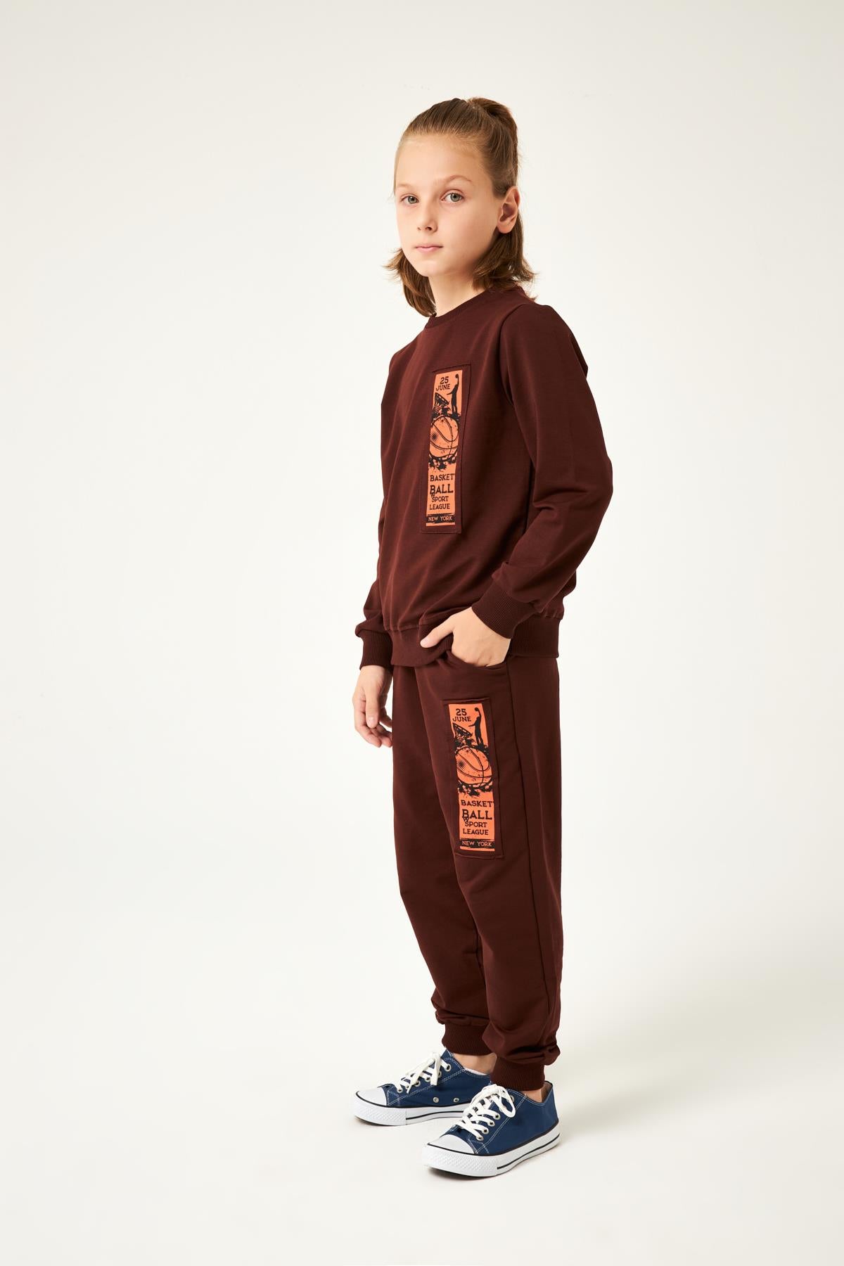 Basketball Baskı Detaylı Erkek Çocuk Takım Kahve - Perendi