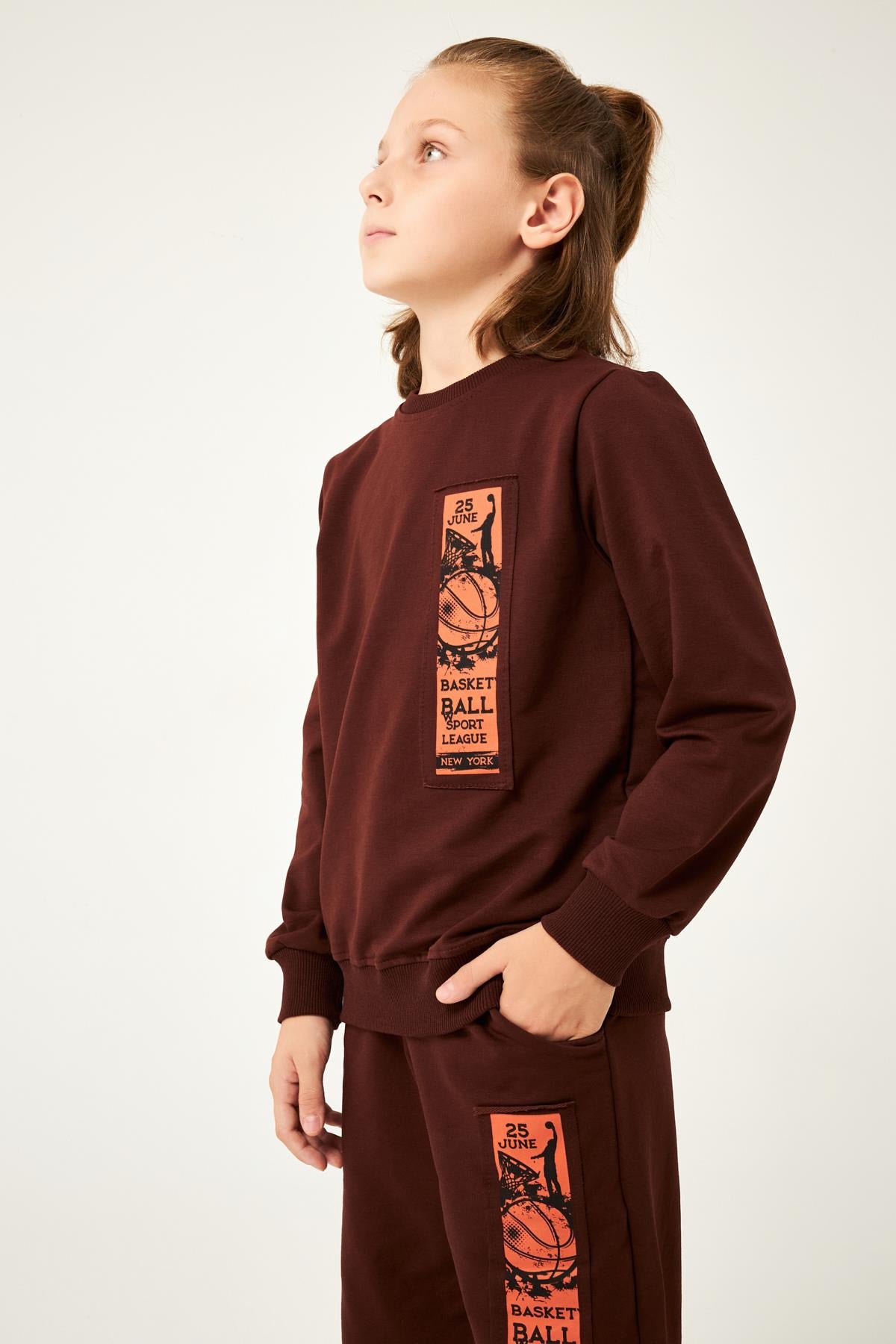 Basketball Baskı Detaylı Erkek Çocuk Takım Kahve - Perendi