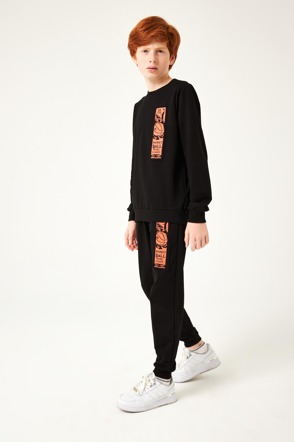 Basketball Baskı Detaylı Erkek Çocuk Takım Siyah - Perendi