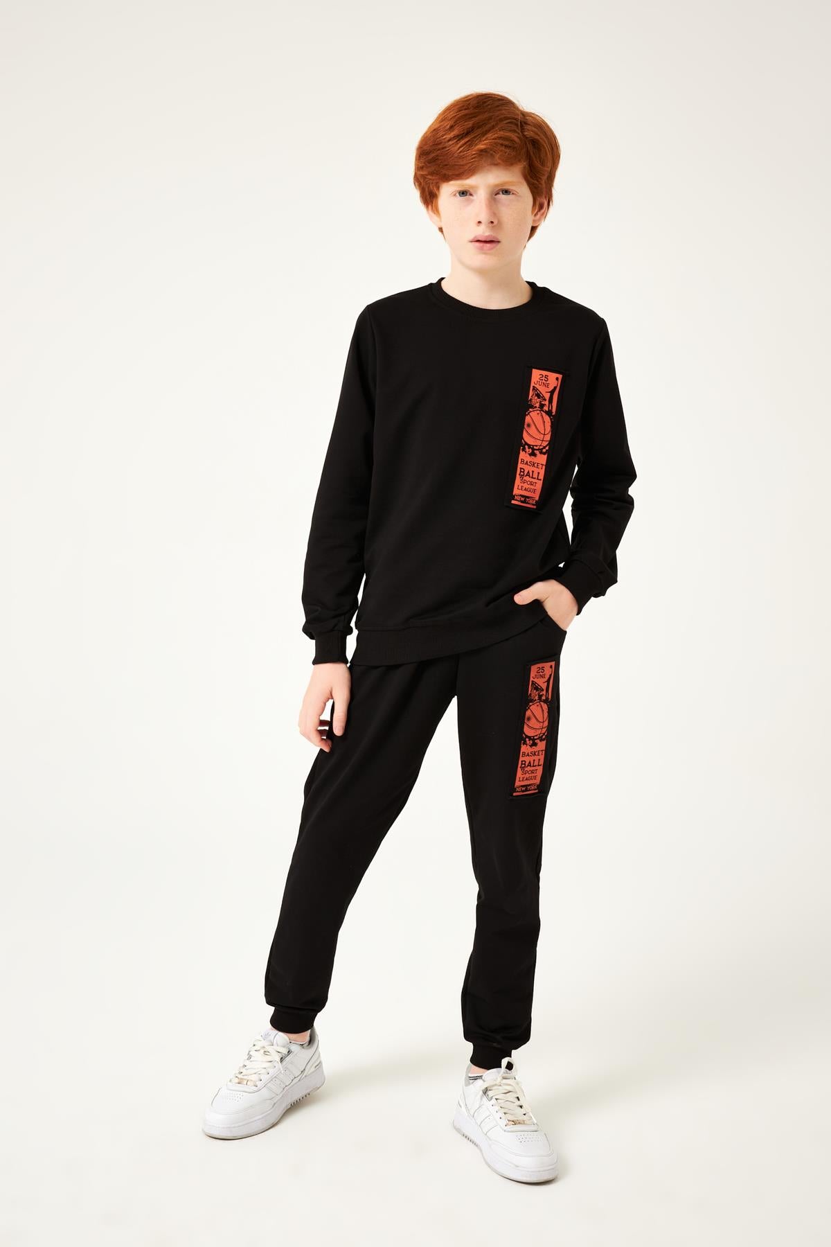 Basketball Baskı Detaylı Erkek Çocuk Takım Siyah - Perendi