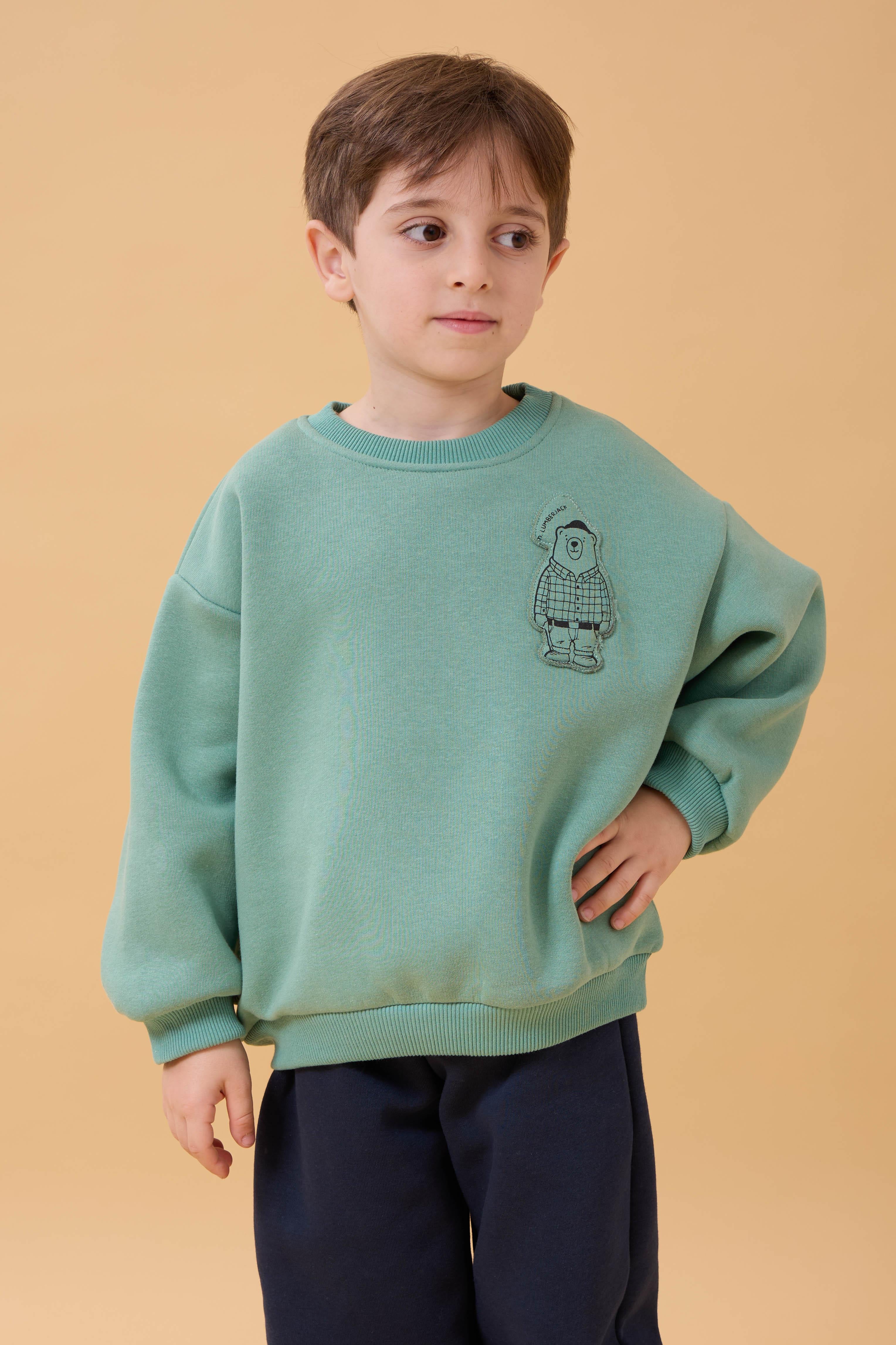 Erkek Çocuk Bisiklet Yaka Ayı Baskılı Sweatshirt Çağla