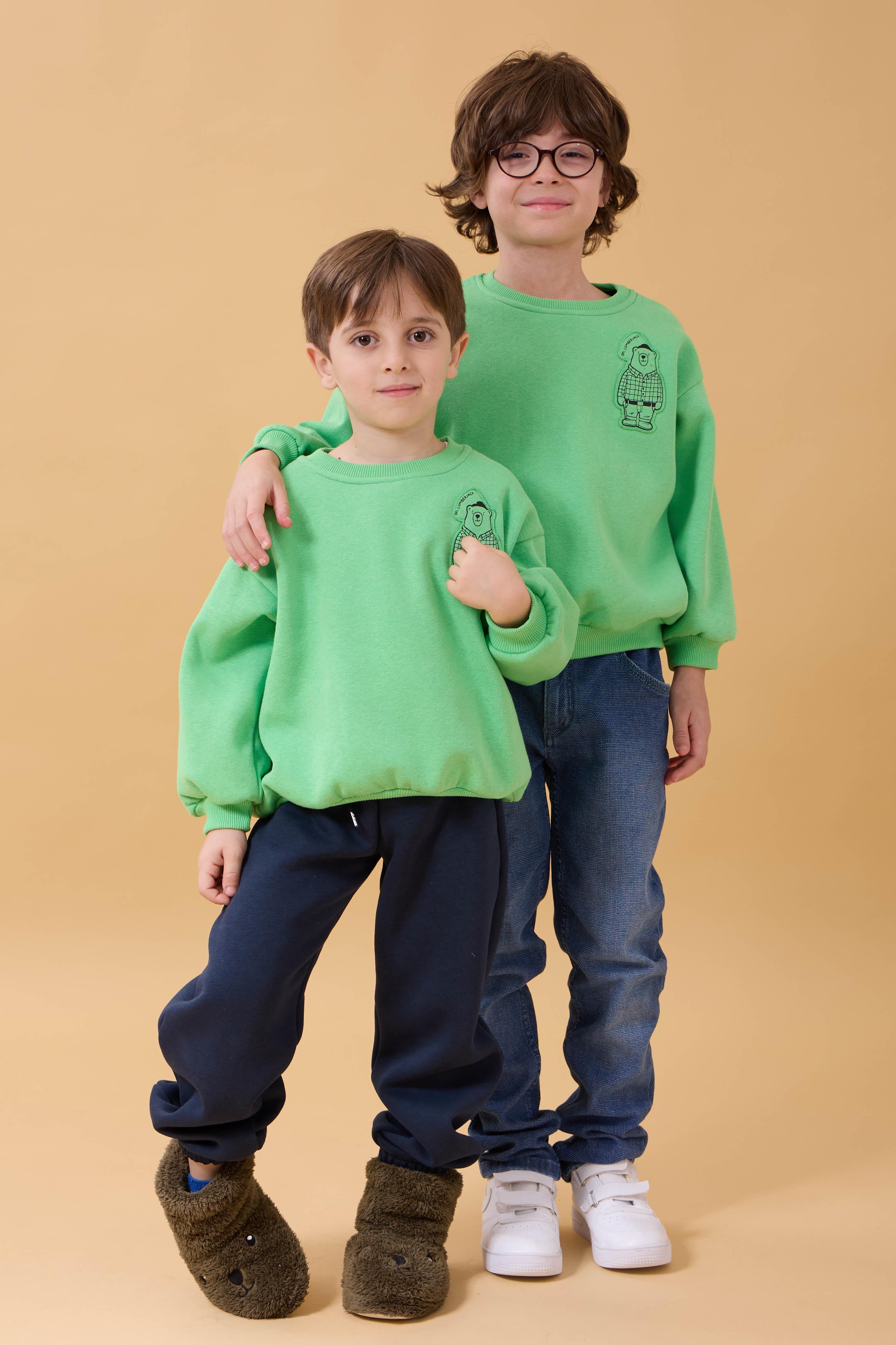 Erkek Çocuk Bisiklet Yaka Ayı Baskılı Sweatshirt Fıstık Yeşili