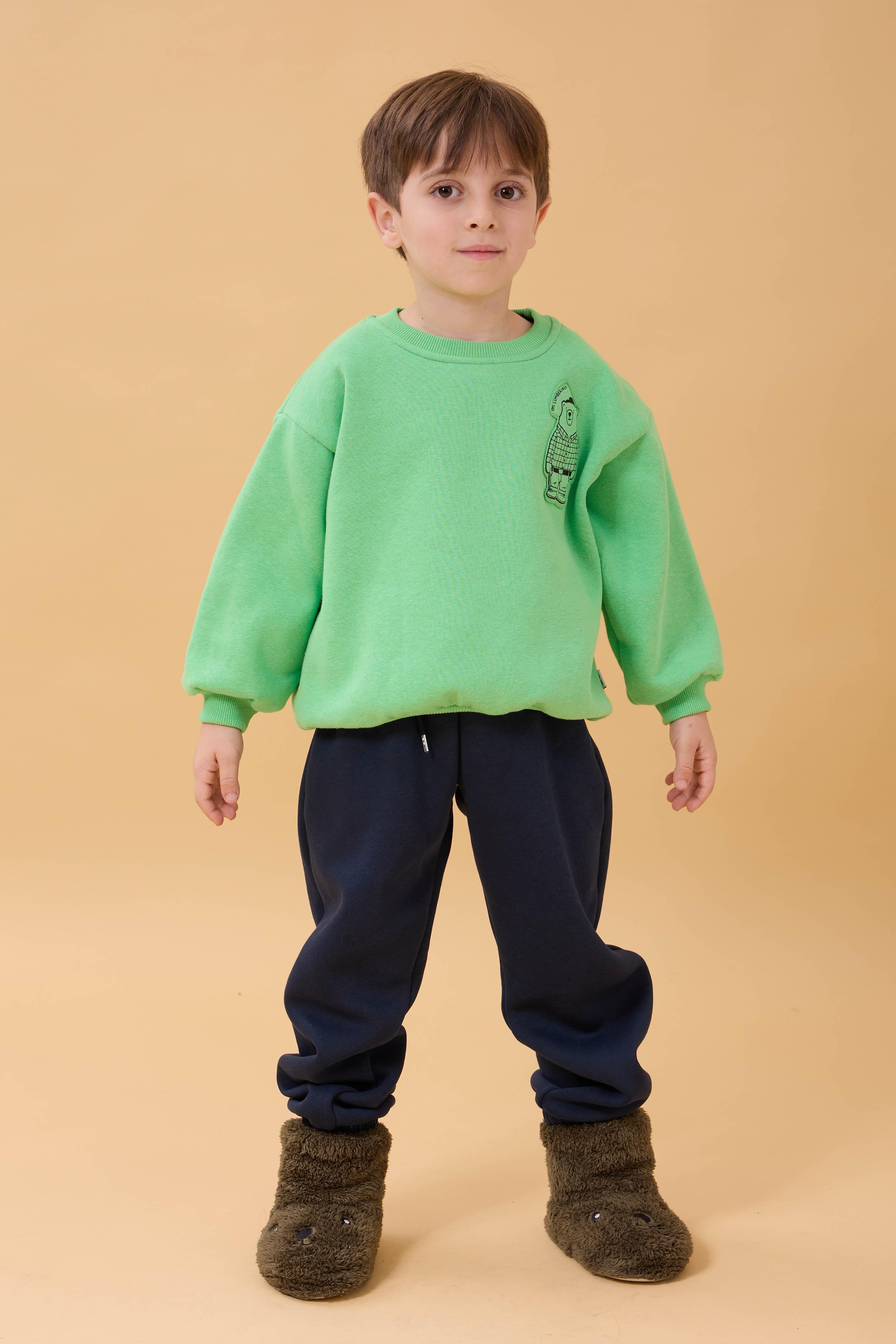 Erkek Çocuk Bisiklet Yaka Ayı Baskılı Sweatshirt Fıstık Yeşili