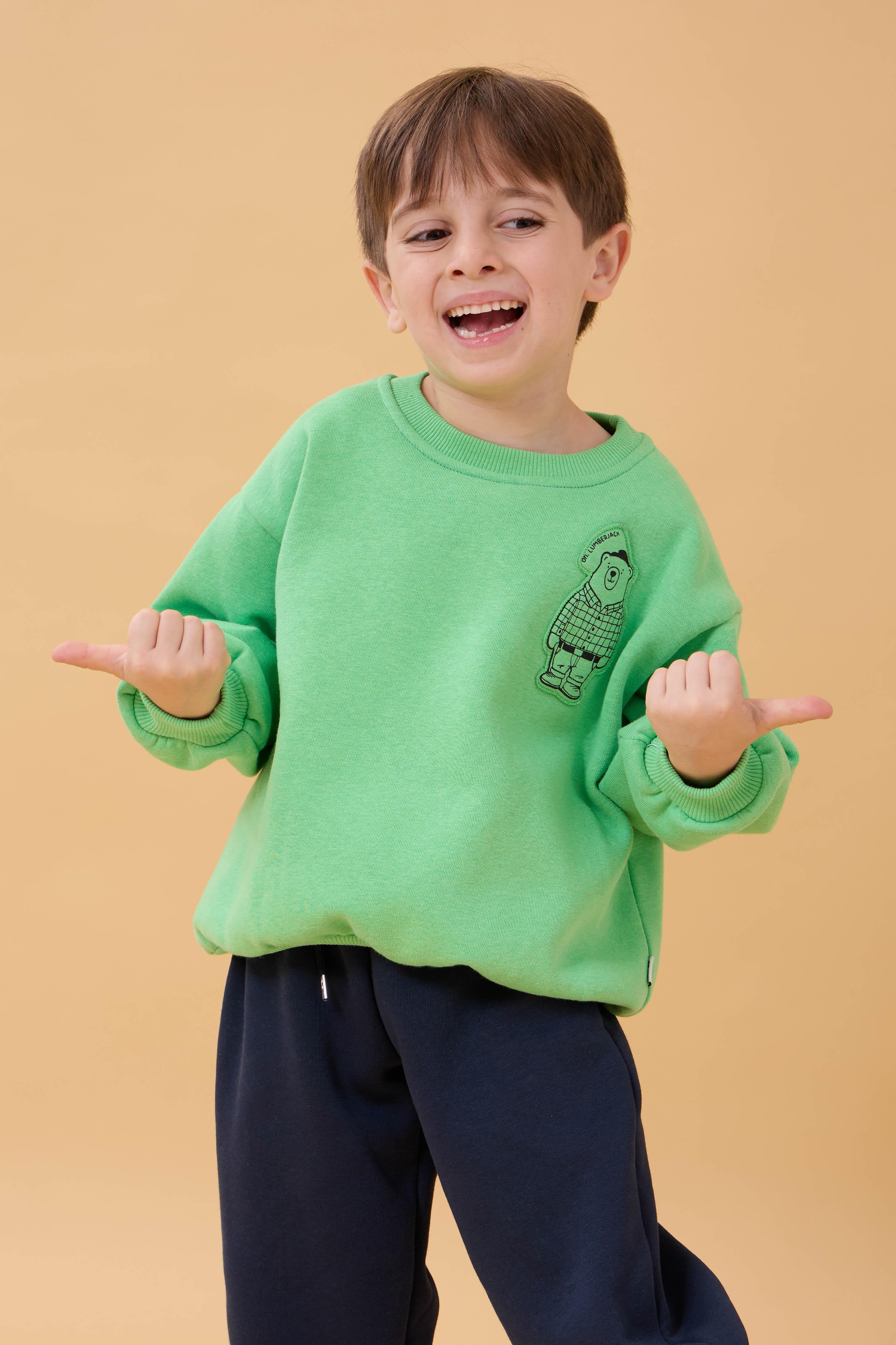 Erkek Çocuk Bisiklet Yaka Ayı Baskılı Sweatshirt Fıstık Yeşili