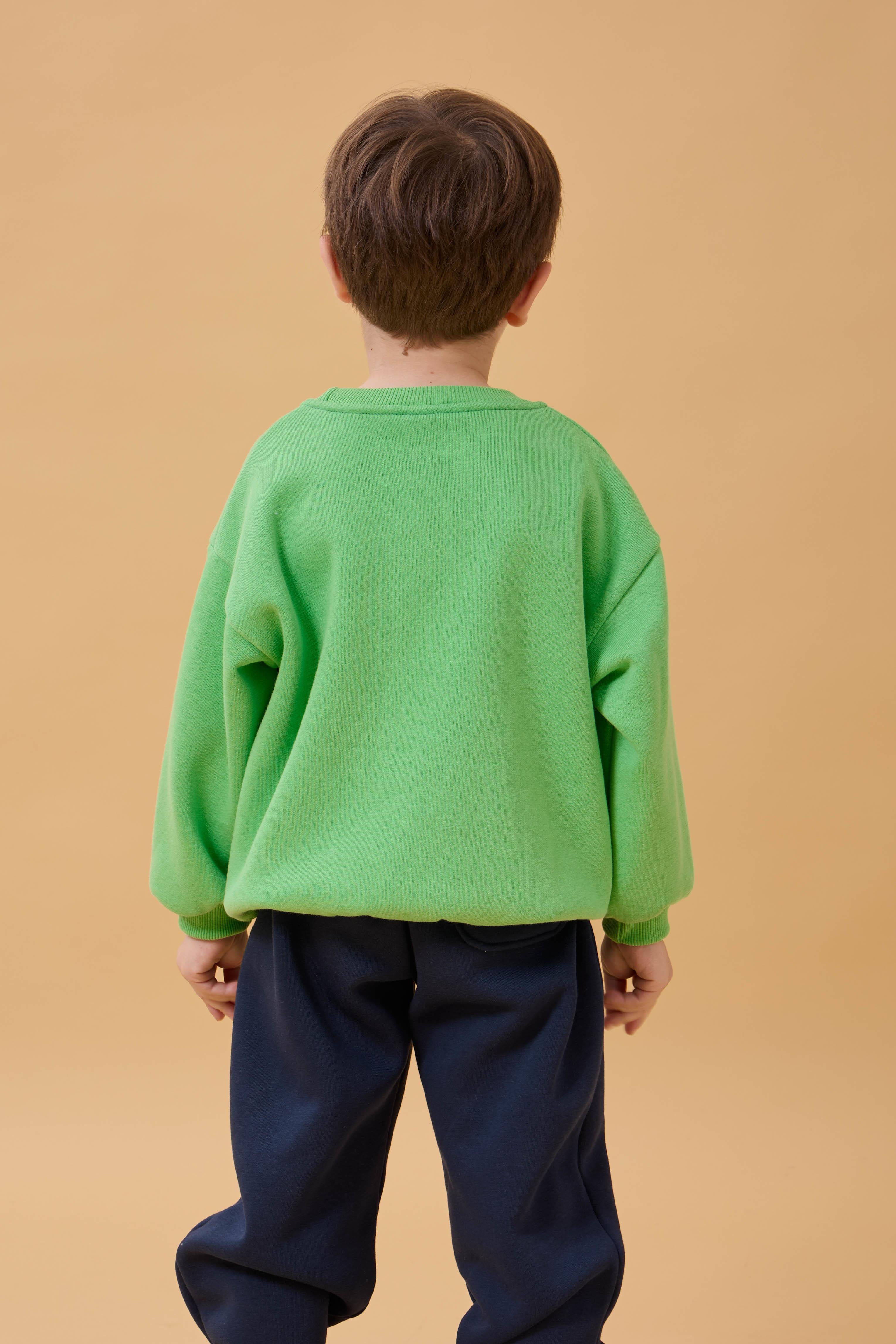 Erkek Çocuk Bisiklet Yaka Ayı Baskılı Sweatshirt Fıstık Yeşili