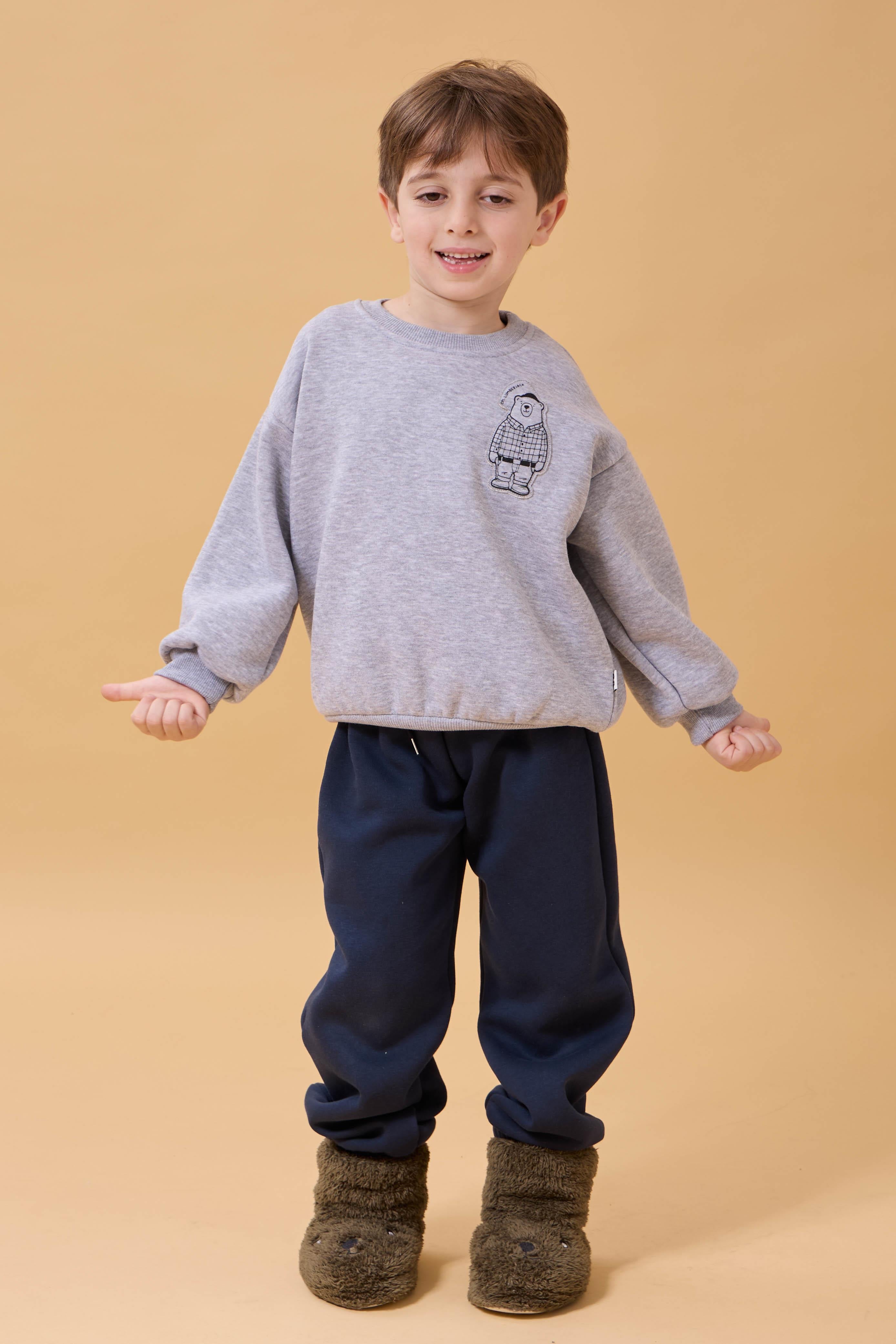 Erkek Çocuk Bisiklet Yaka Ayı Baskılı Sweatshirt Gri Melanj