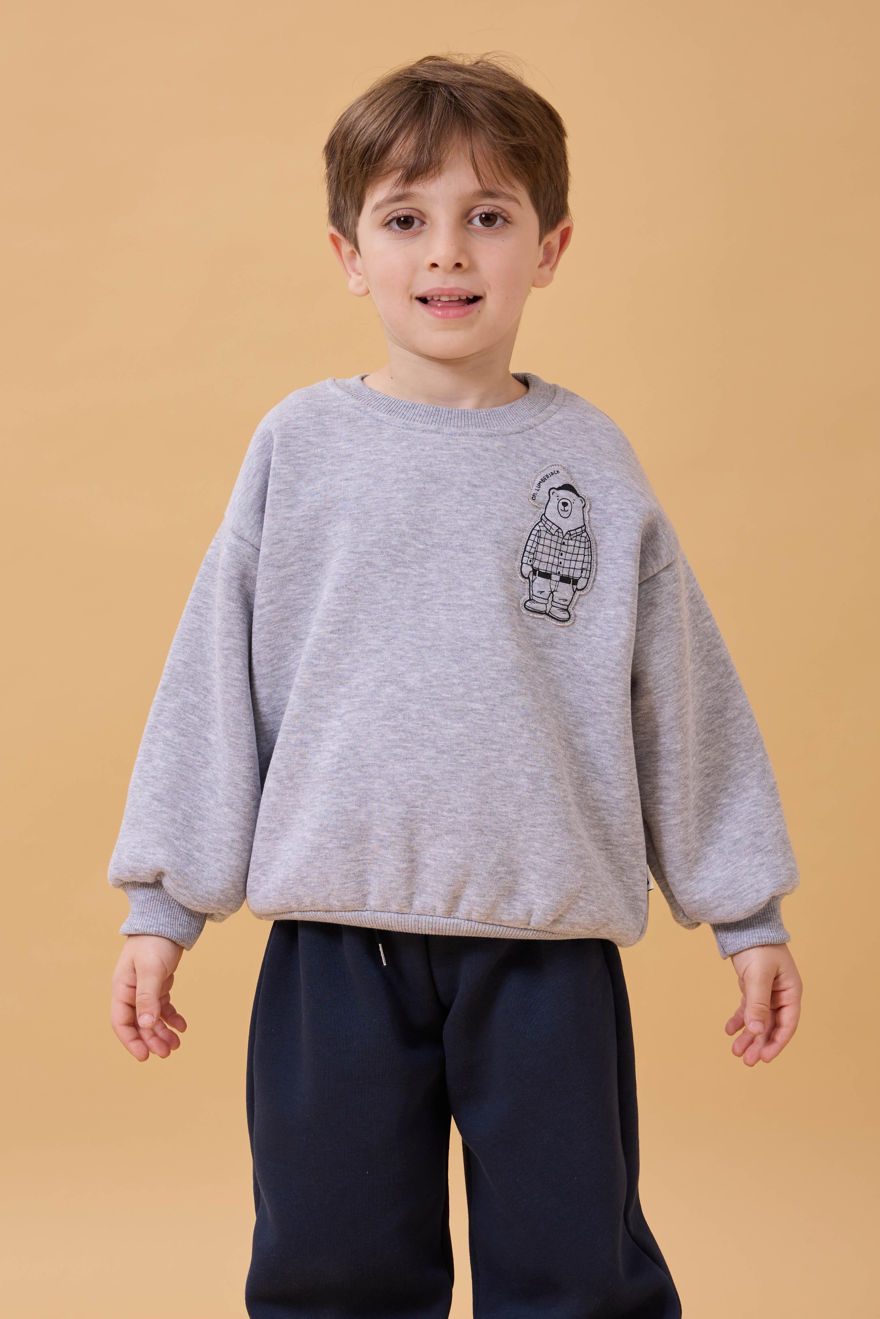 Erkek Çocuk Bisiklet Yaka Ayı Baskılı Sweatshirt Gri Melanj