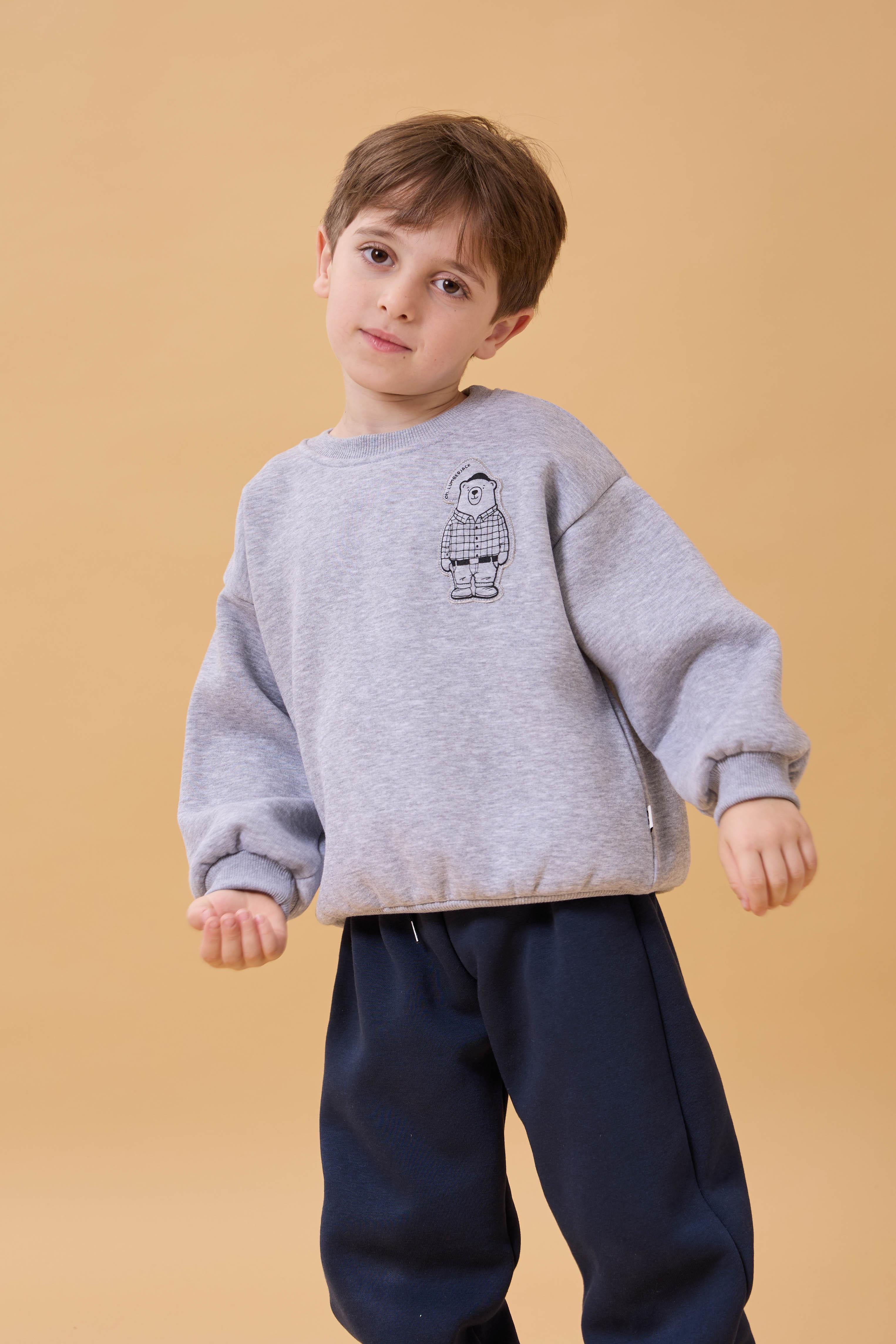 Erkek Çocuk Bisiklet Yaka Ayı Baskılı Sweatshirt Gri Melanj