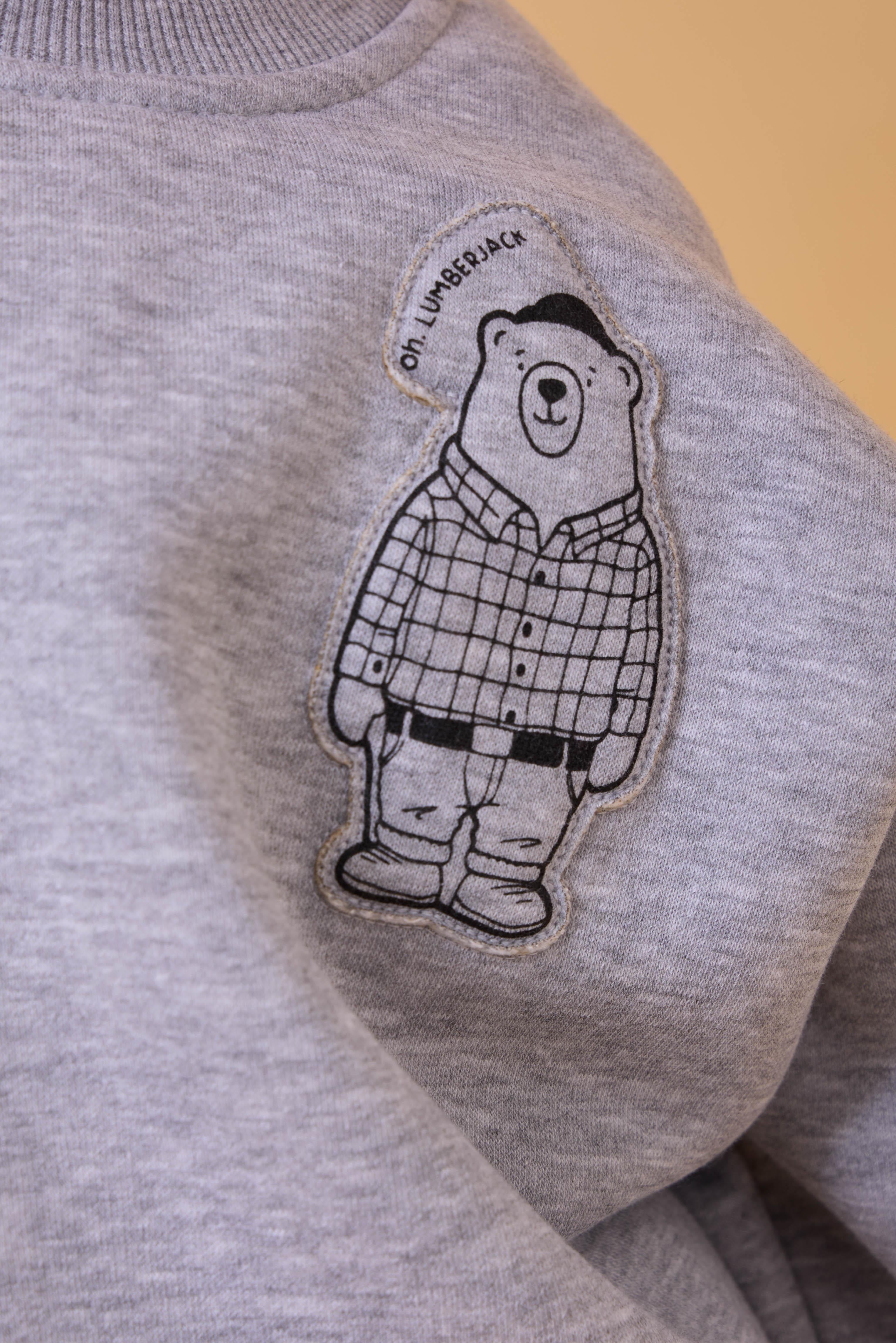 Erkek Çocuk Bisiklet Yaka Ayı Baskılı Sweatshirt Gri Melanj