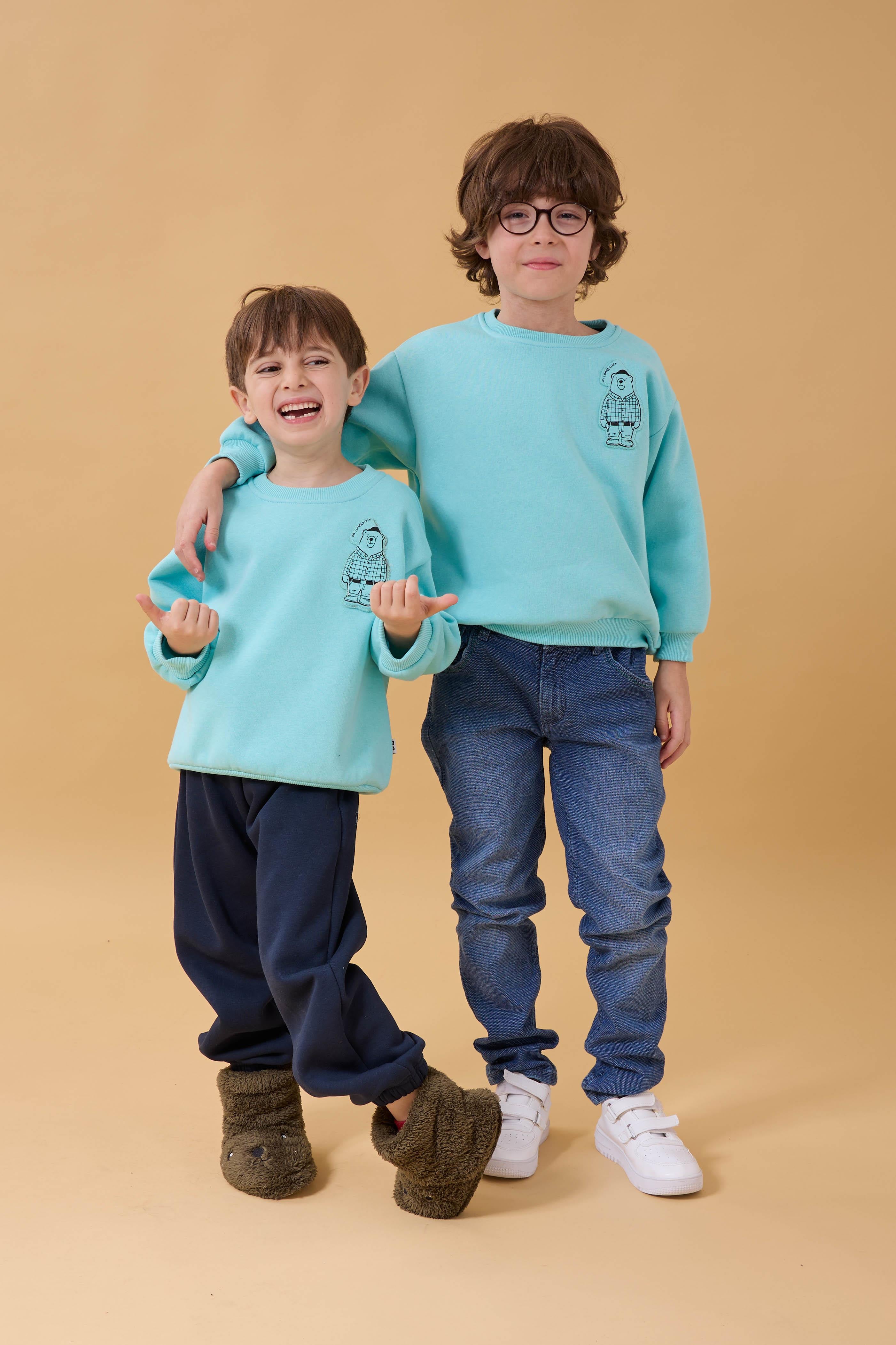 Erkek Çocuk Bisiklet Yaka Ayı Baskılı Sweatshirt Su Yeşili