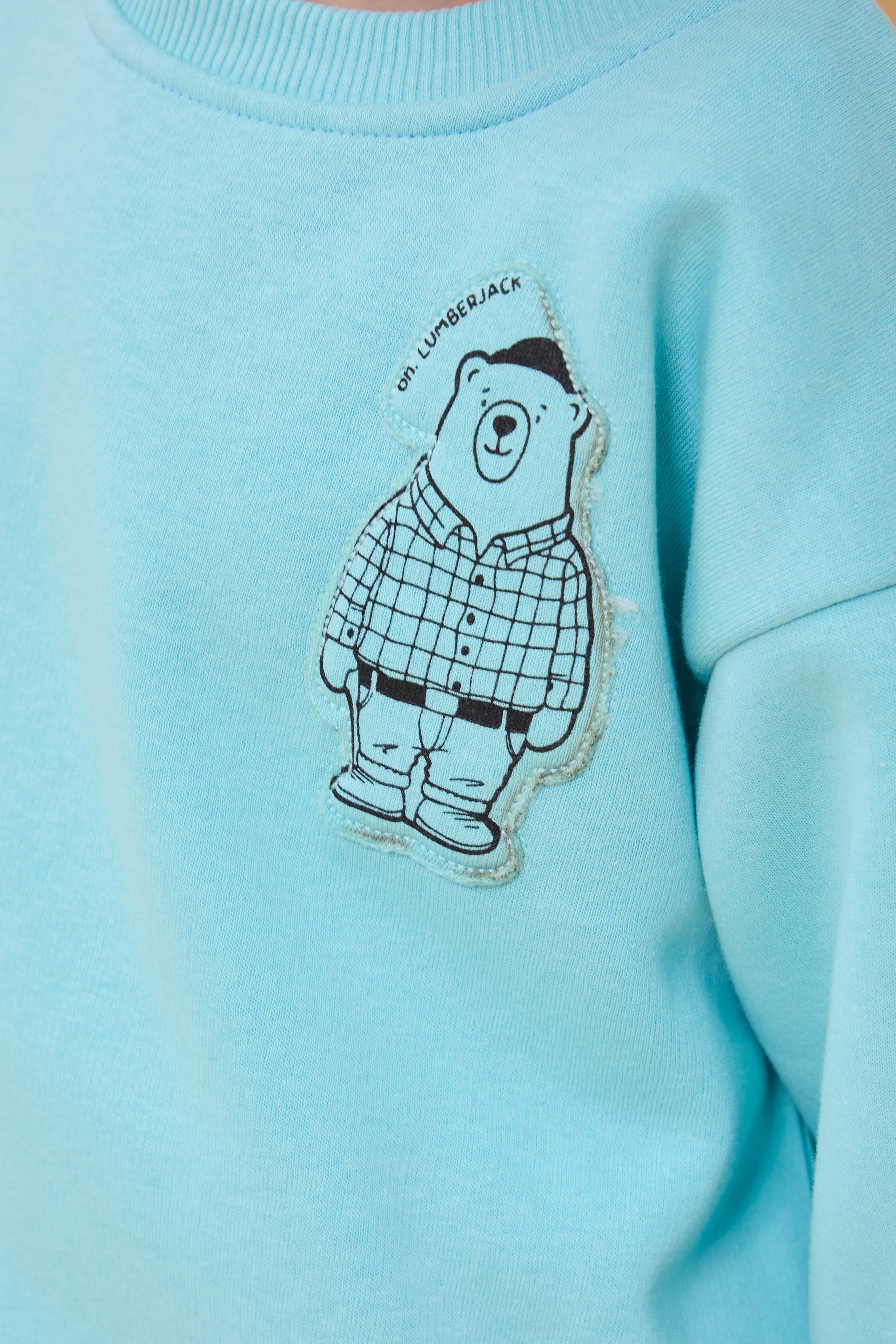 Erkek Çocuk Bisiklet Yaka Ayı Baskılı Sweatshirt Su Yeşili