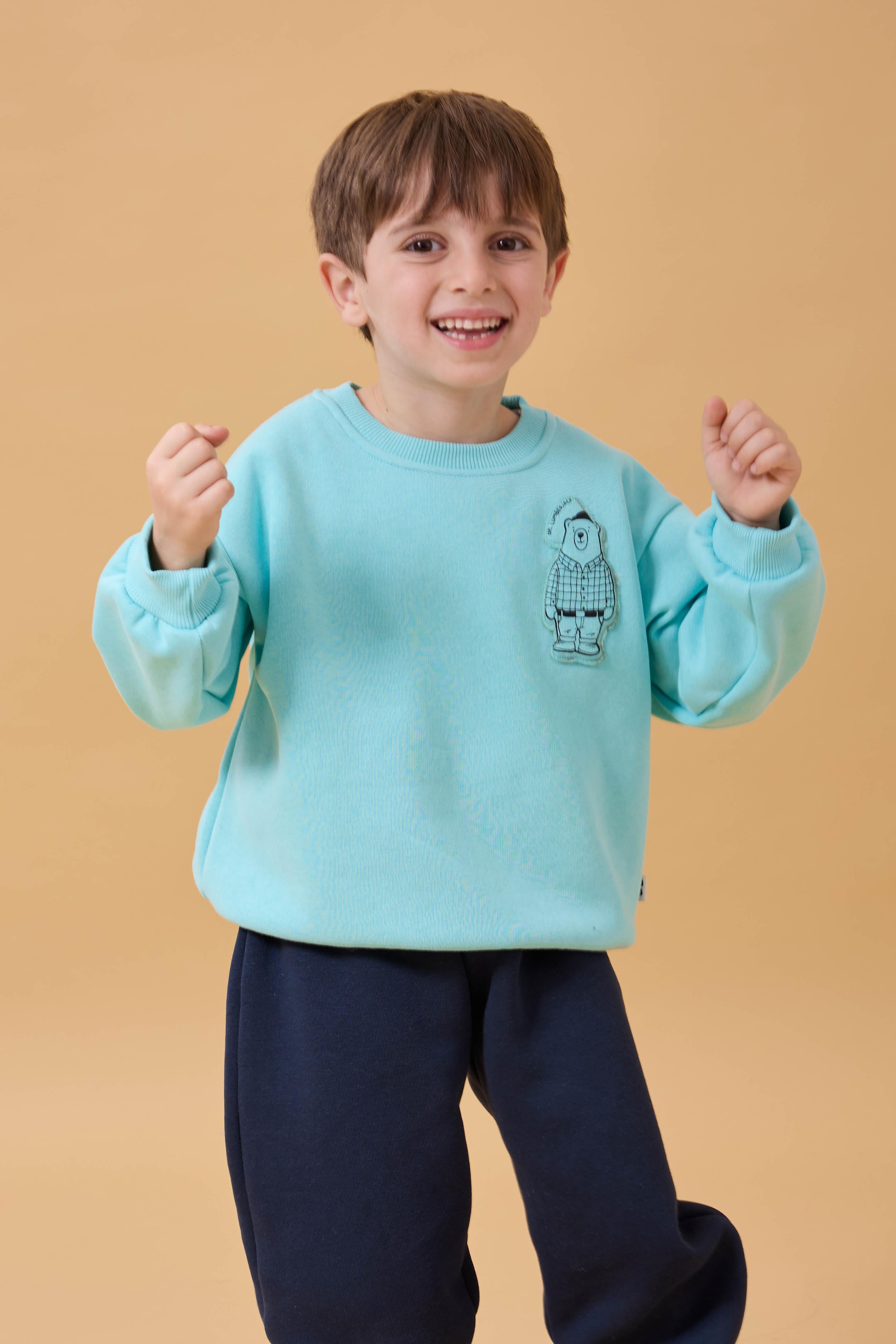 Erkek Çocuk Bisiklet Yaka Ayı Baskılı Sweatshirt Su Yeşili