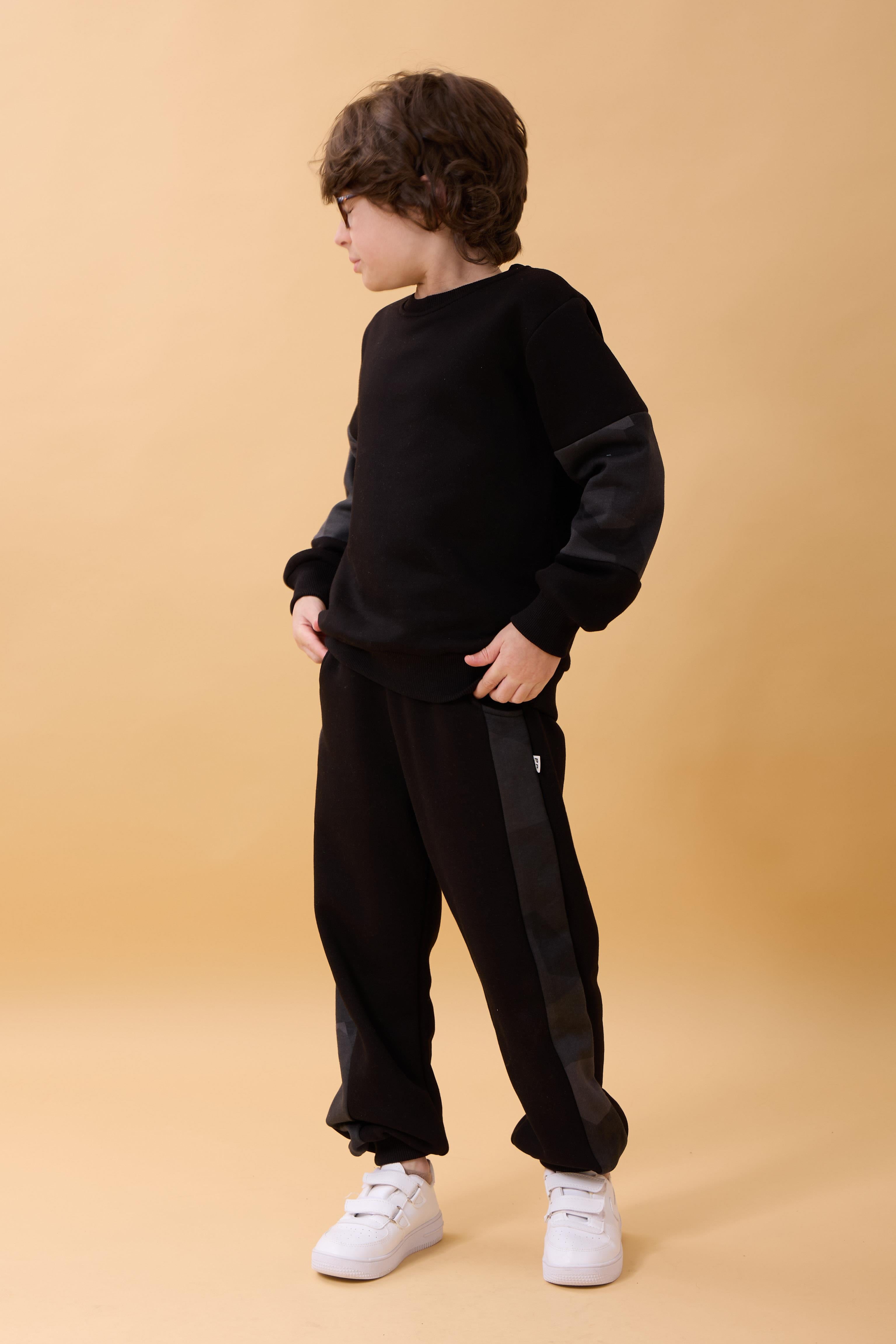 Erkek Çocuk Bisiklet Yaka Kamuflaj Garnili Kışlık Eşofman Takımı – Siyah