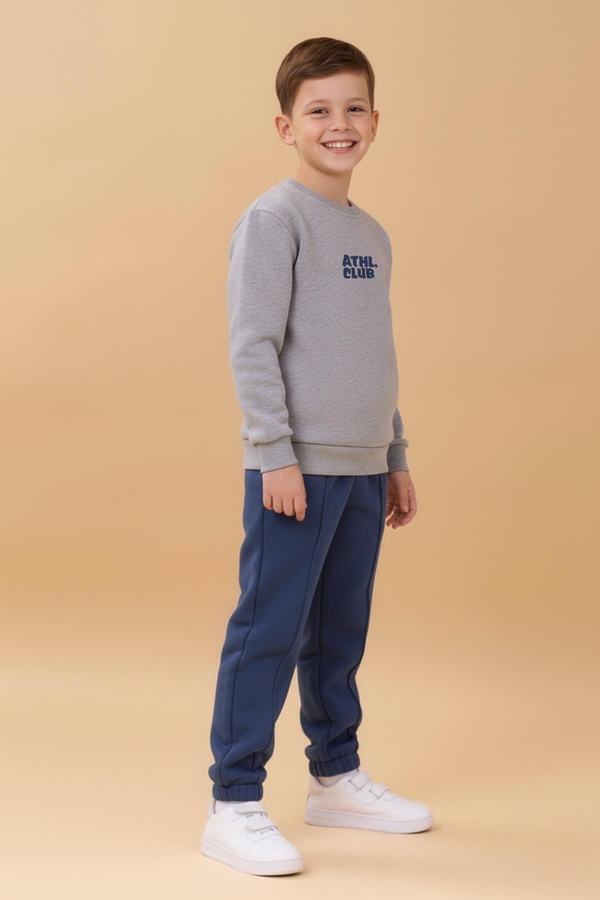 Erkek Çocuk Bisiklet Yaka Nakışlı Kışlık Takım - Gri