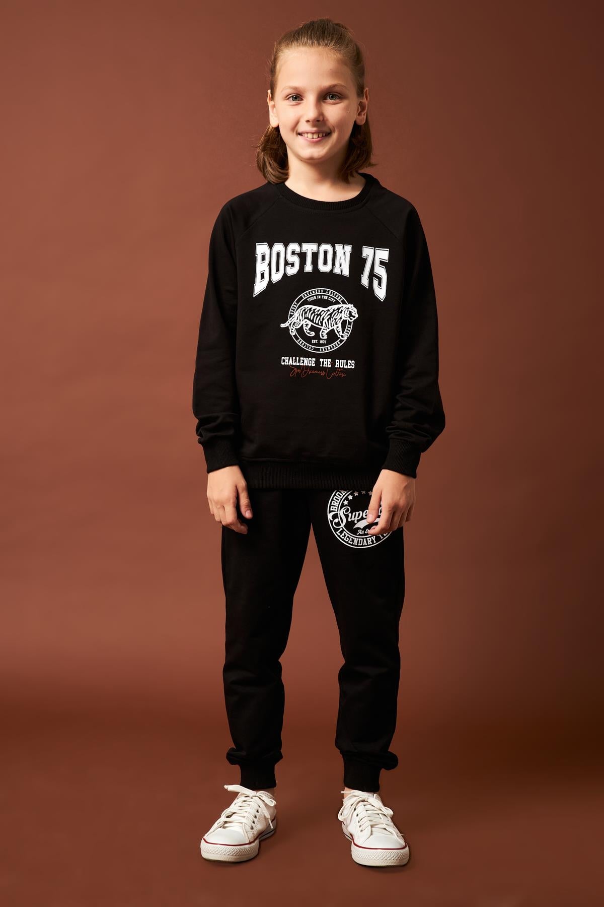 Boston Baskılı Erkek Çocuk Sweatshirt Siyah - Perendi