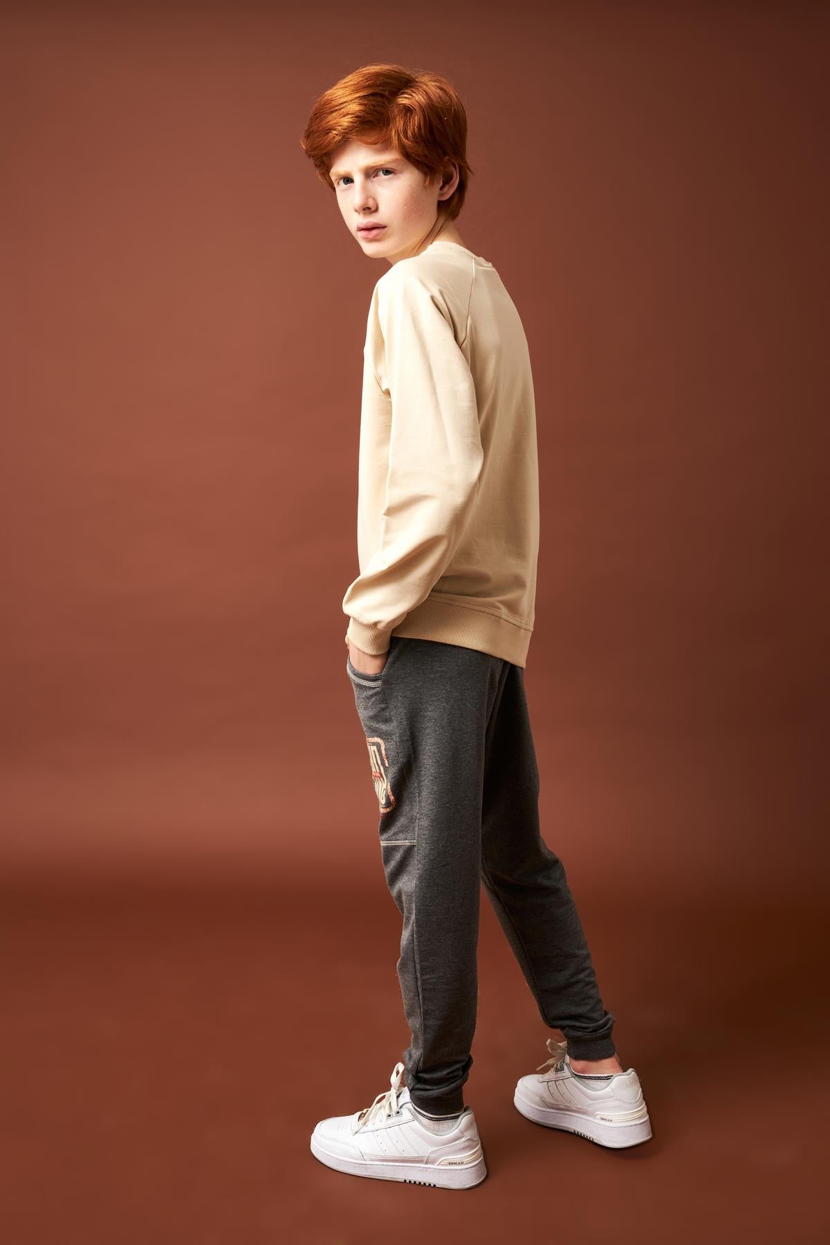 Boston Baskılı Erkek Çocuk Sweatshirt Taş - Perendi