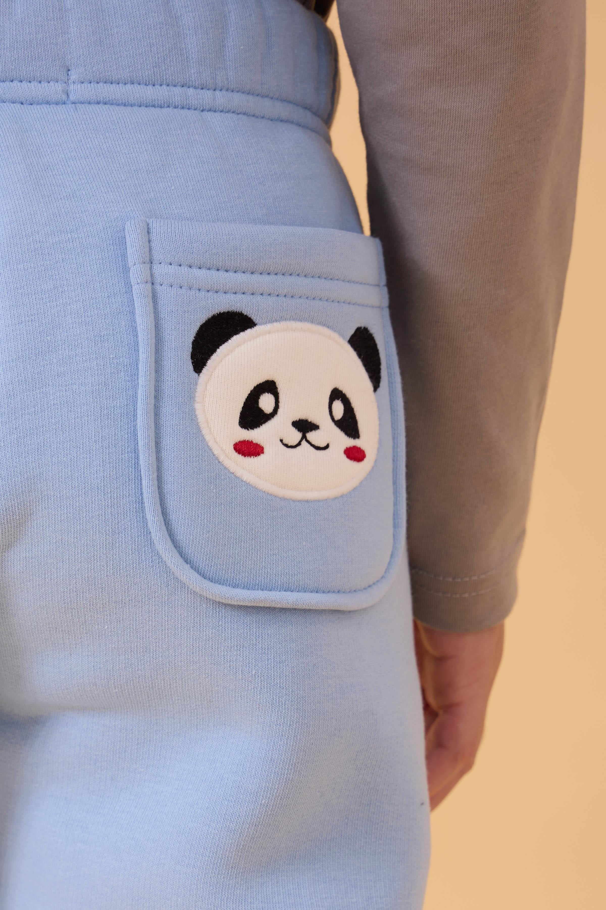 Erkek Çocuk Cep Nakışlı Ayıcık ve Panda 2'li Eşofman Altı Kahverengi-Bebe Mavisi