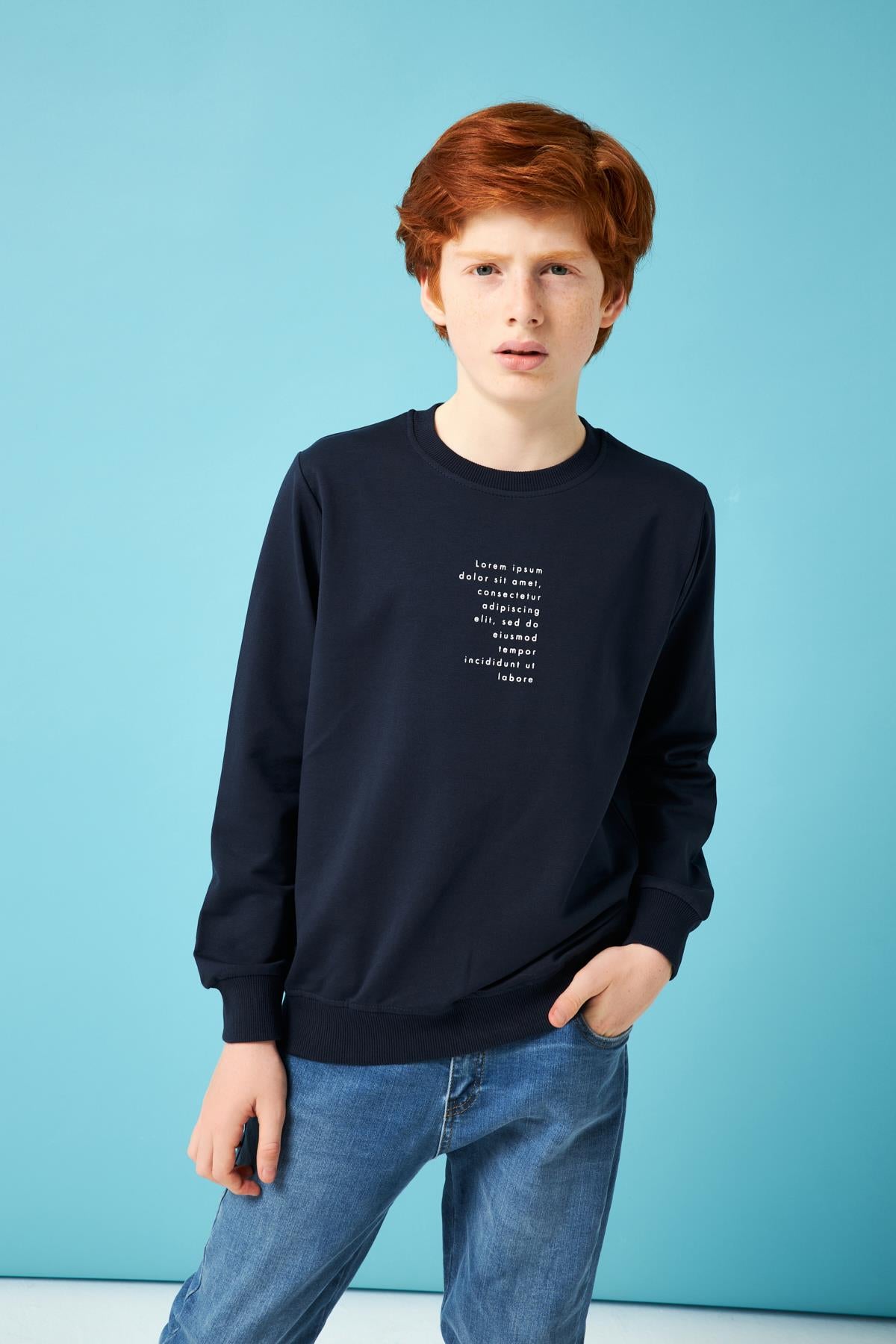 Football Baskı Detaylı Erkek Çocuk Sweatshirt Lacivert - Perendi