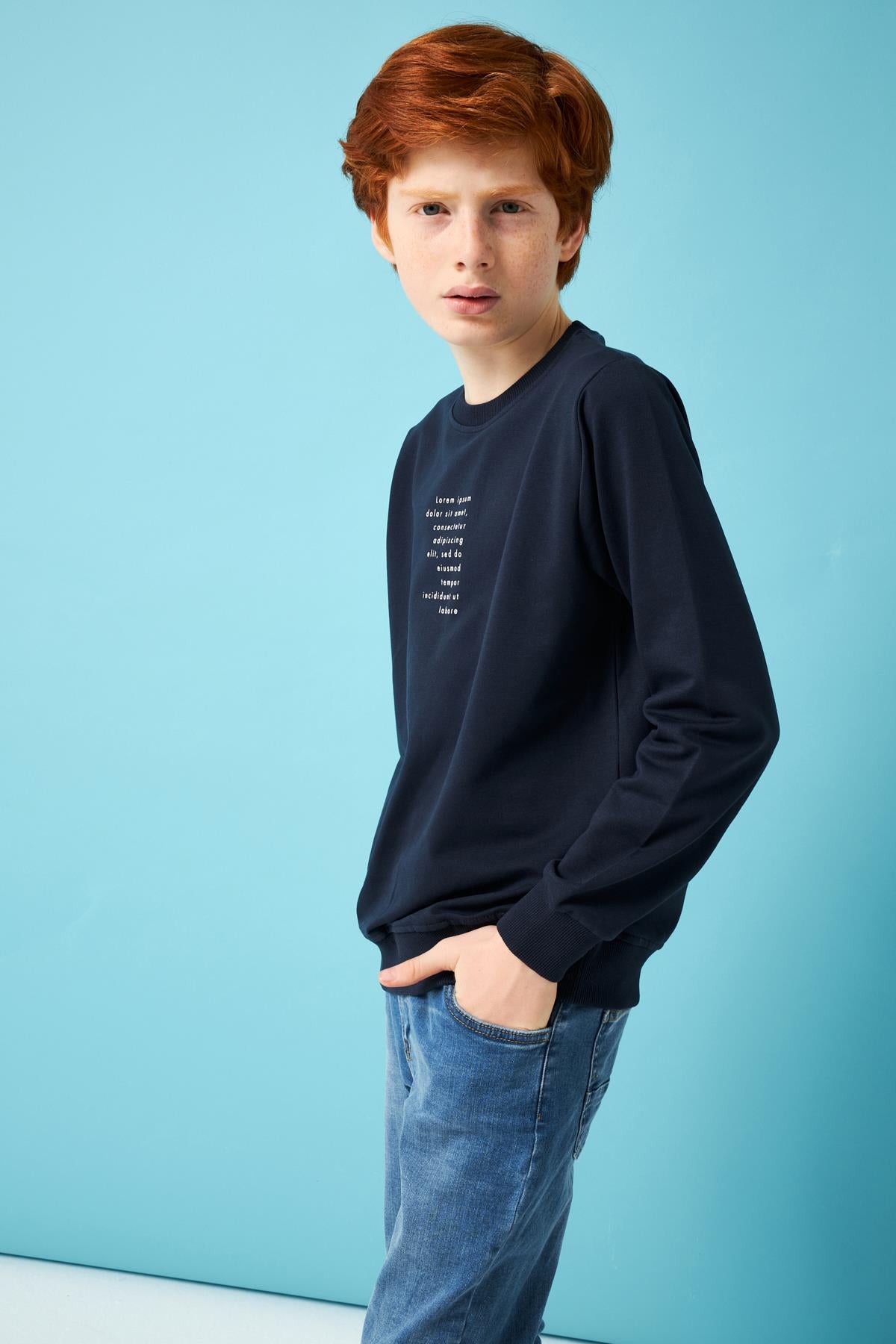 Football Baskı Detaylı Erkek Çocuk Sweatshirt Lacivert - Perendi