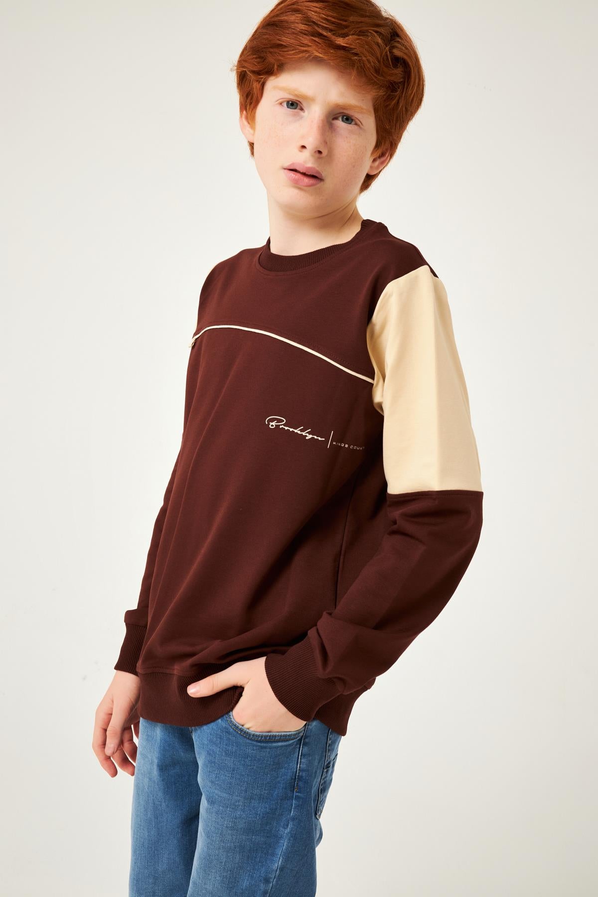 Garnili Ara Biyeli Erkek Çocuk Sweatshirt Kahverengi - Perendi