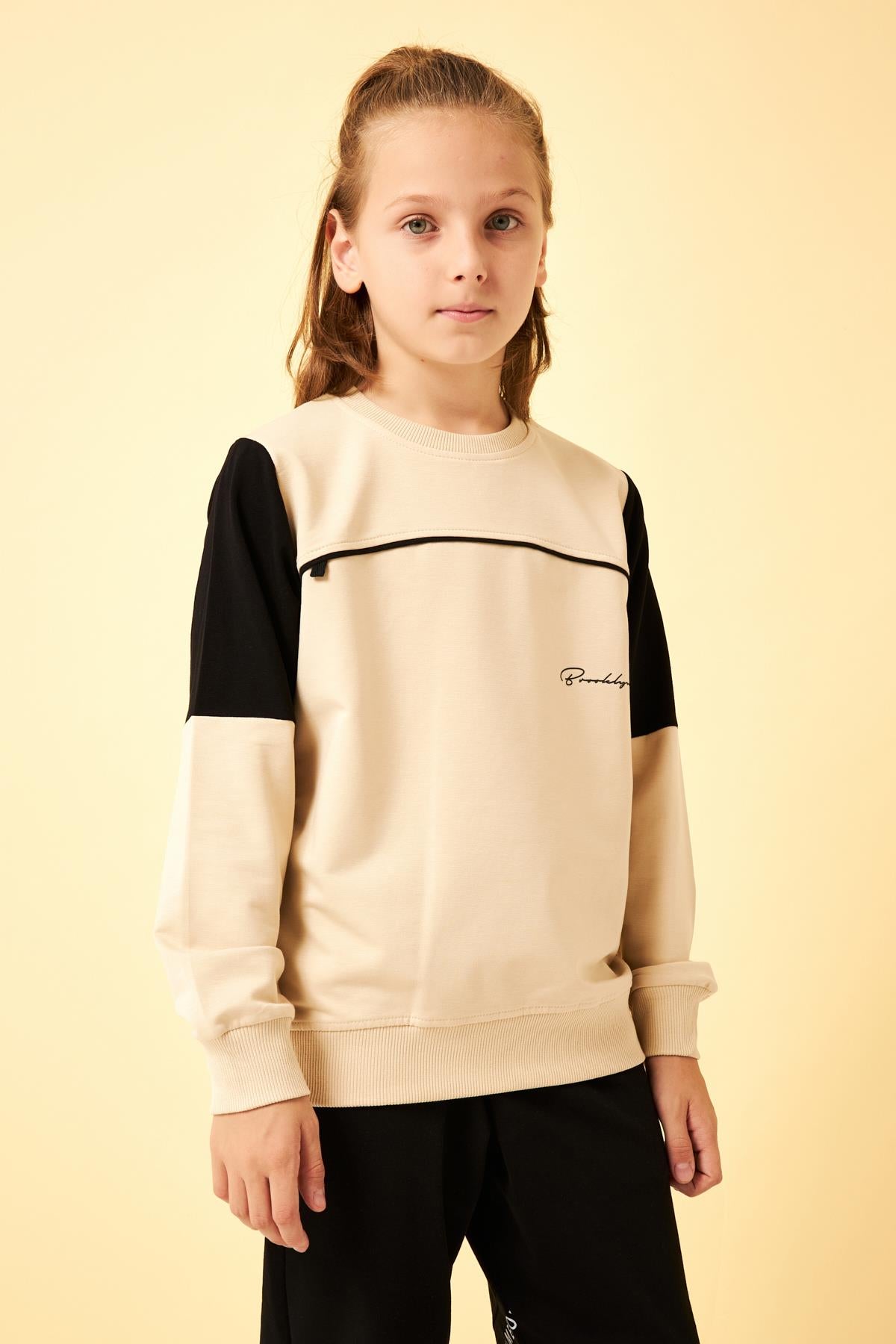 Garnili Ara Biyeli Erkek Çocuk Sweatshirt Taş - Perendi