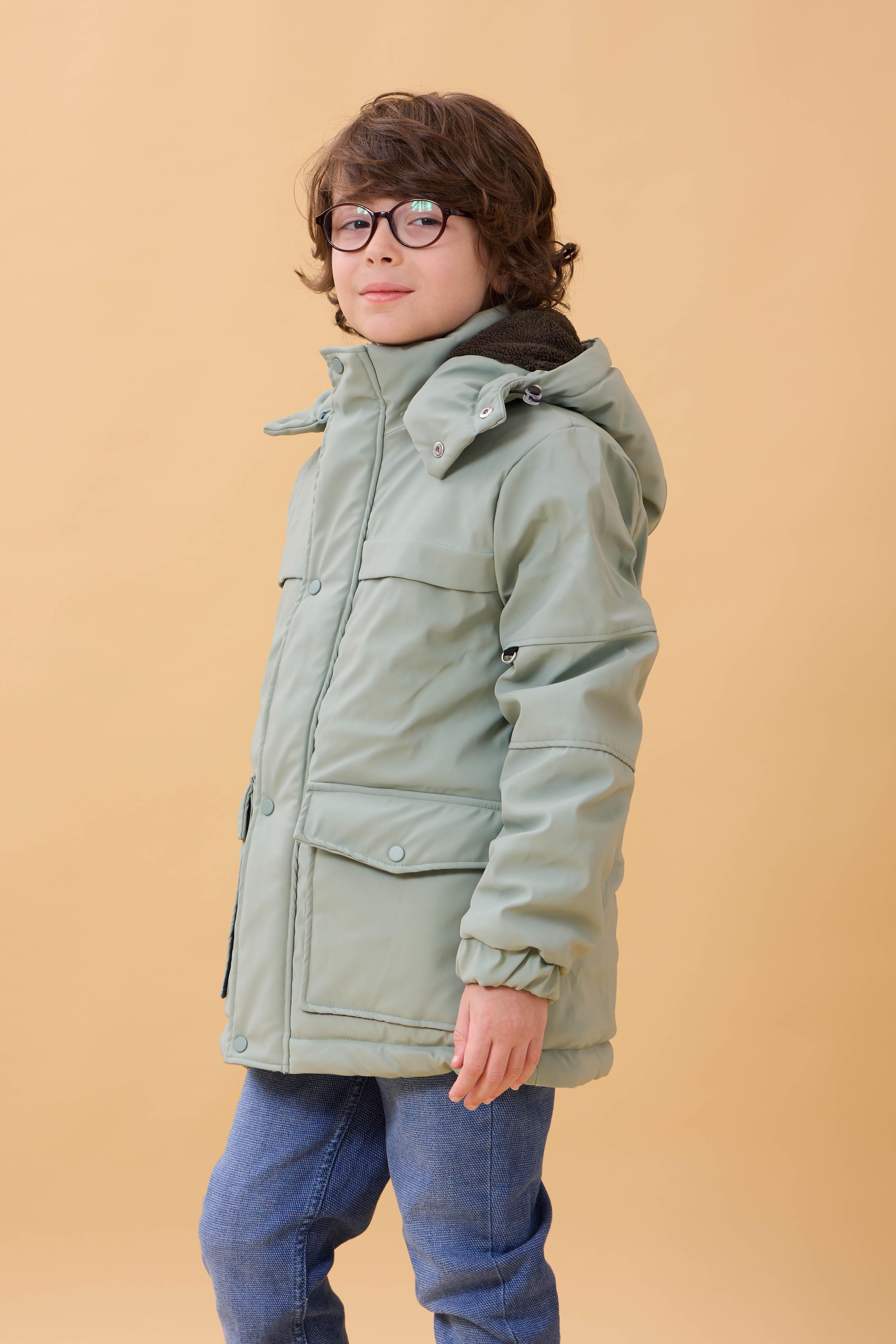 Erkek Çocuk İçi Kürklü Kapüşonlu Su İtici Kalın Kışlık Mont