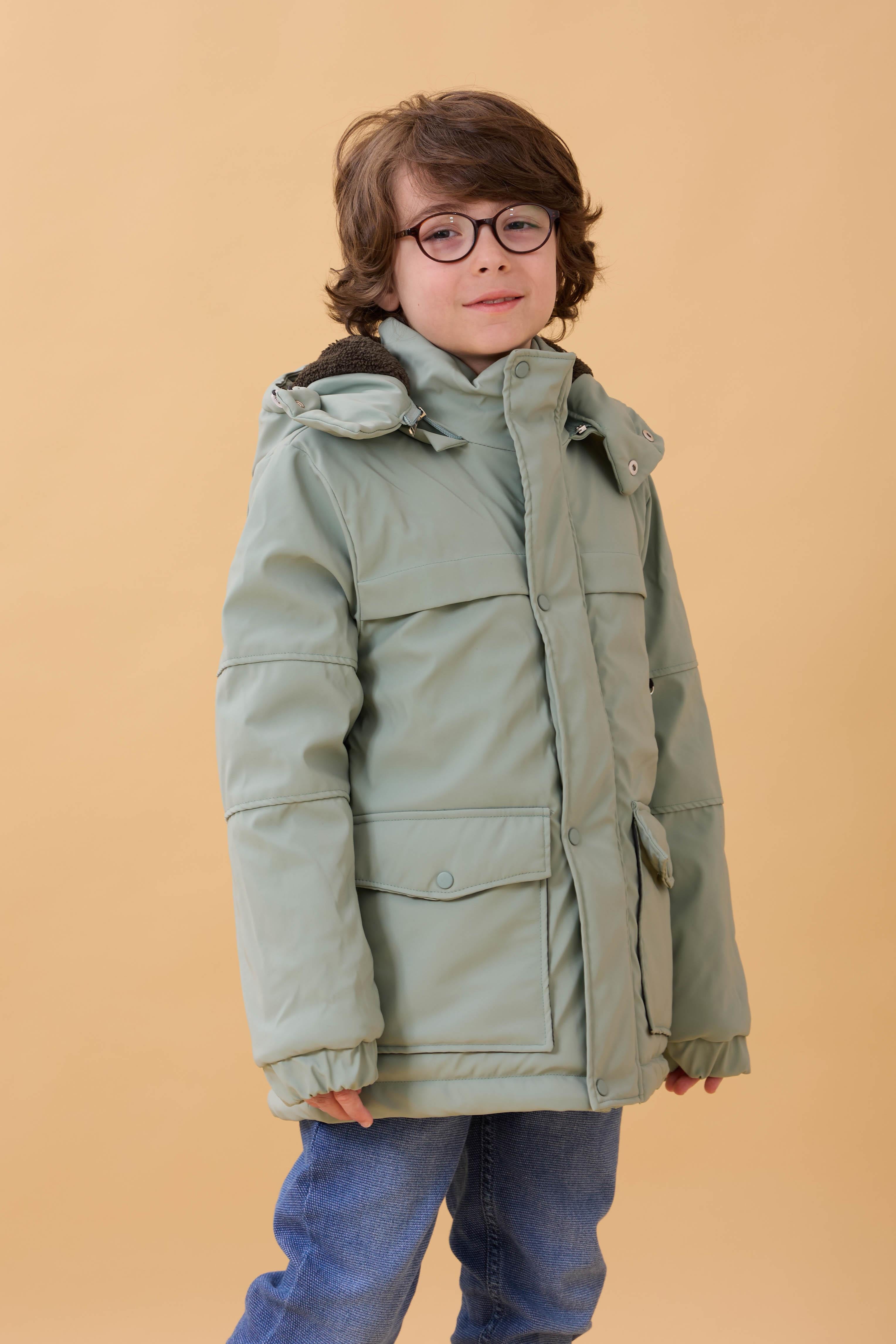 Erkek Çocuk İçi Kürklü Kapüşonlu Su İtici Kalın Kışlık Mont Çağla