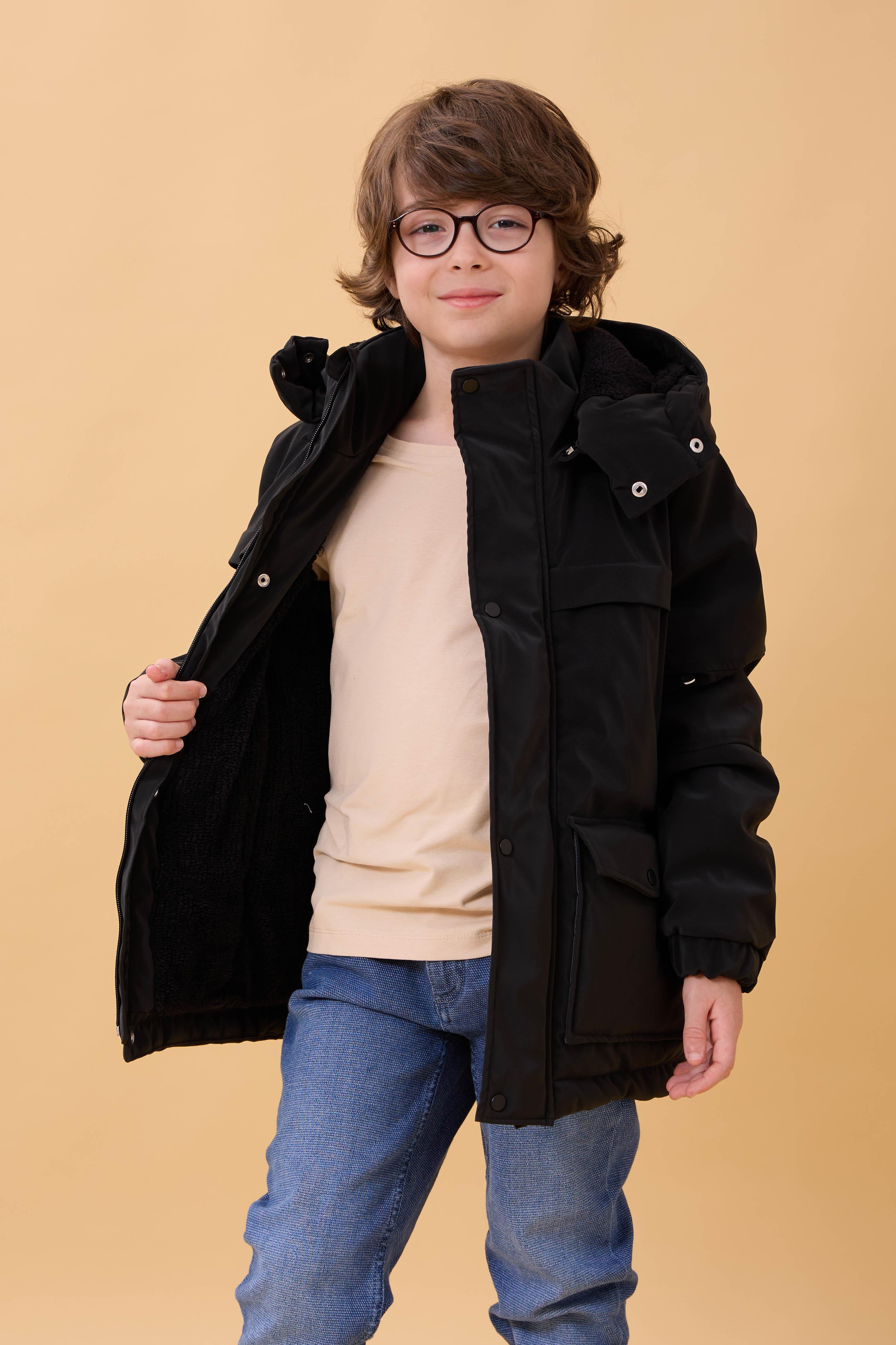 Erkek Çocuk İçi Kürklü Kapüşonlu Su İtici Kalın Kışlık Mont Siyah